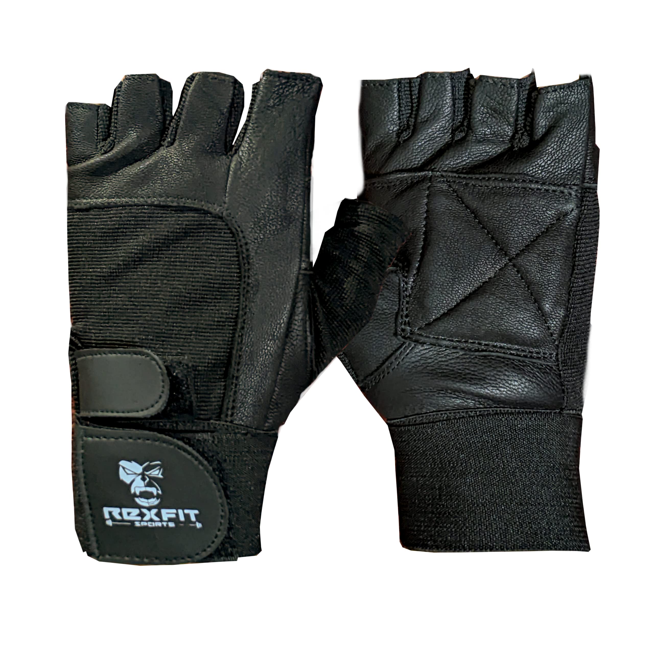REXFITSports Body Weight Lifting Gloves - Goat Leather Gym Gloves With Wrist Support + Double Stitched Fingers And Palm - Breathable Spandex On Back + Easy Open Finger Tab Size Adjuster