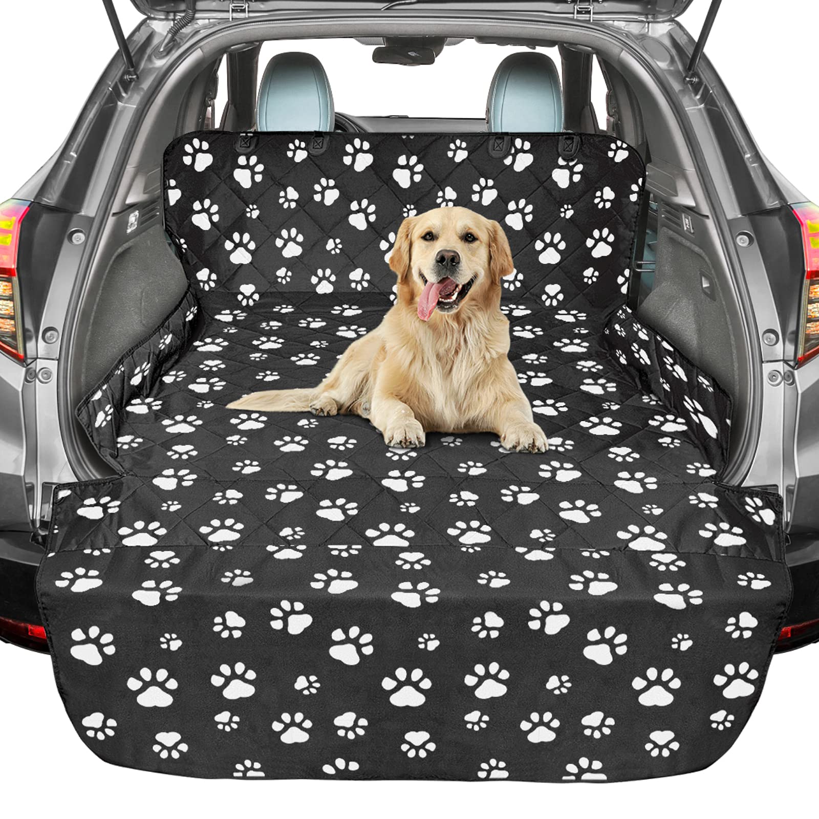 F-color SUV Cargo Liner for Dogs, Water Resistant Pet Cargo Cover Dog Seat Cover Mat for SUVs Sedans Vans with Bumper Flap Protector, Non-Slip, Large Size Universal Fit, Paw Print