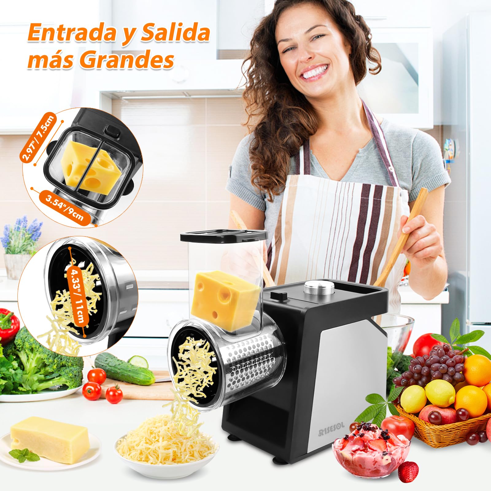 Cortador de Verduras Eléctrico 7 en 1 250W Acero Inoxidable Mandolina Multifuncional 220V Enchufe UE