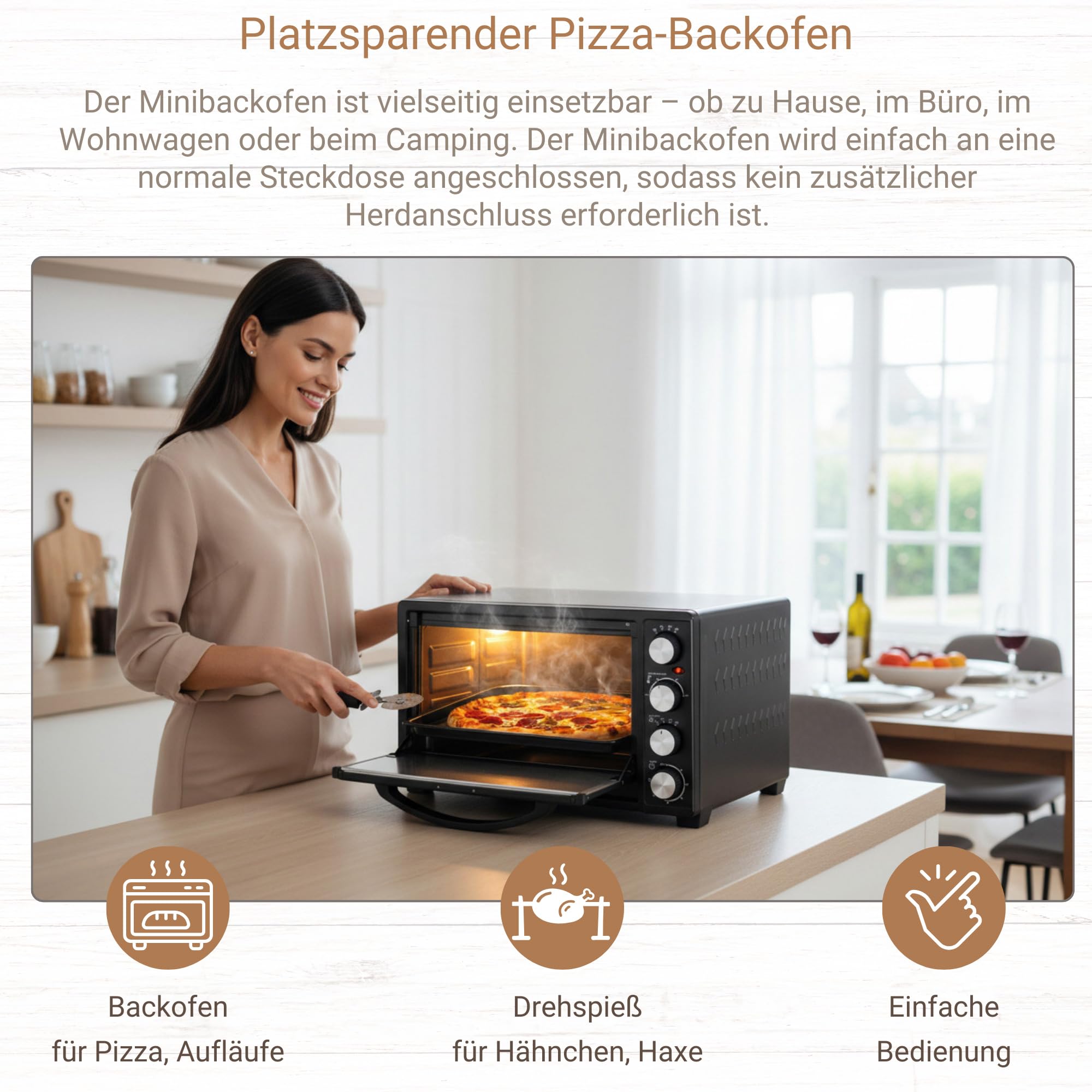 Syntrox Germany 45 l Kleiner Mini Backofen Budisu | Miniofen | Pizzaofen | Pizzabackofen, 2000W, für kleine Küchen, mit Timer, mit Glastür und Zubehör, für Zuhause