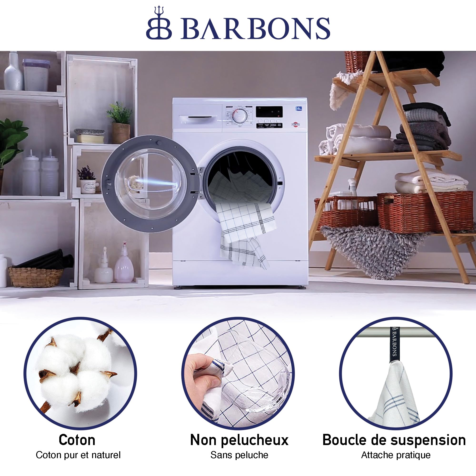 BARBONS Lot De 10 Torchons De Cuisine En Coton - Serviettes Absorbantes 50x70cm, Bleu, Idéal Maison, Hôtel Et Restaurant