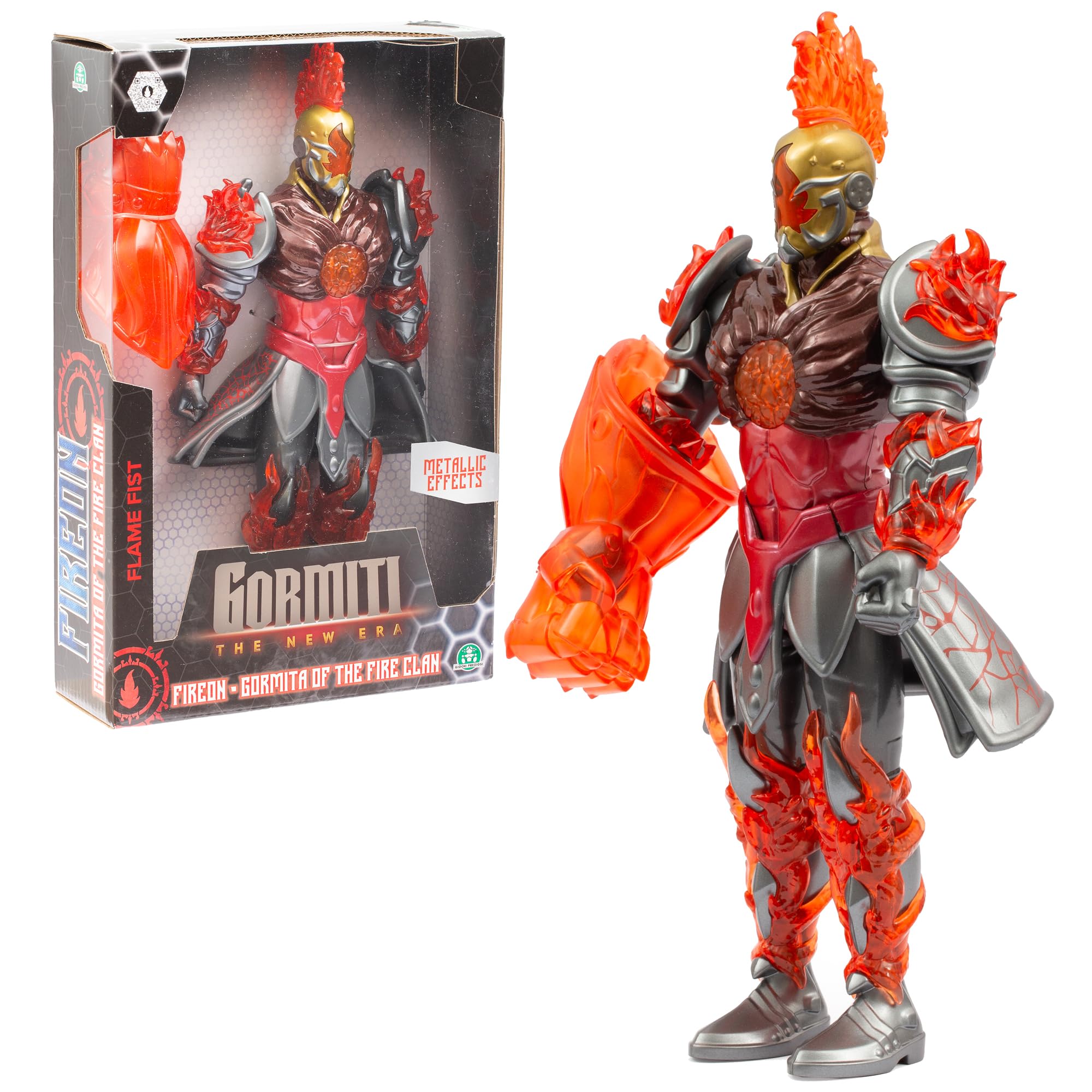 GORMITI THE NEW ERA, Fireon Zane Fire Clan Action Figure, 27cm Articulated Hero with Red Silver Armour and Fire Fist Accessory, Collectible Toy for Kids Aged 4+