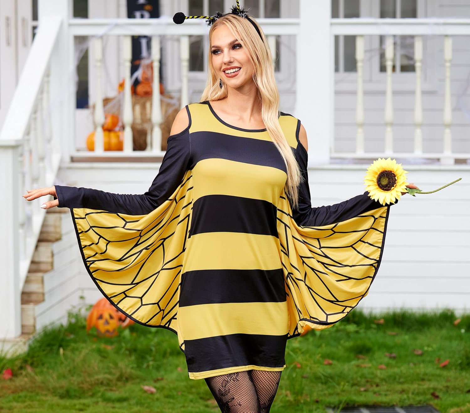 Maisolly Women's Bee Theme Halloween Outfit Set Striped Long Sleeve Dress with Headband for Group Costume Party XL - Image 2