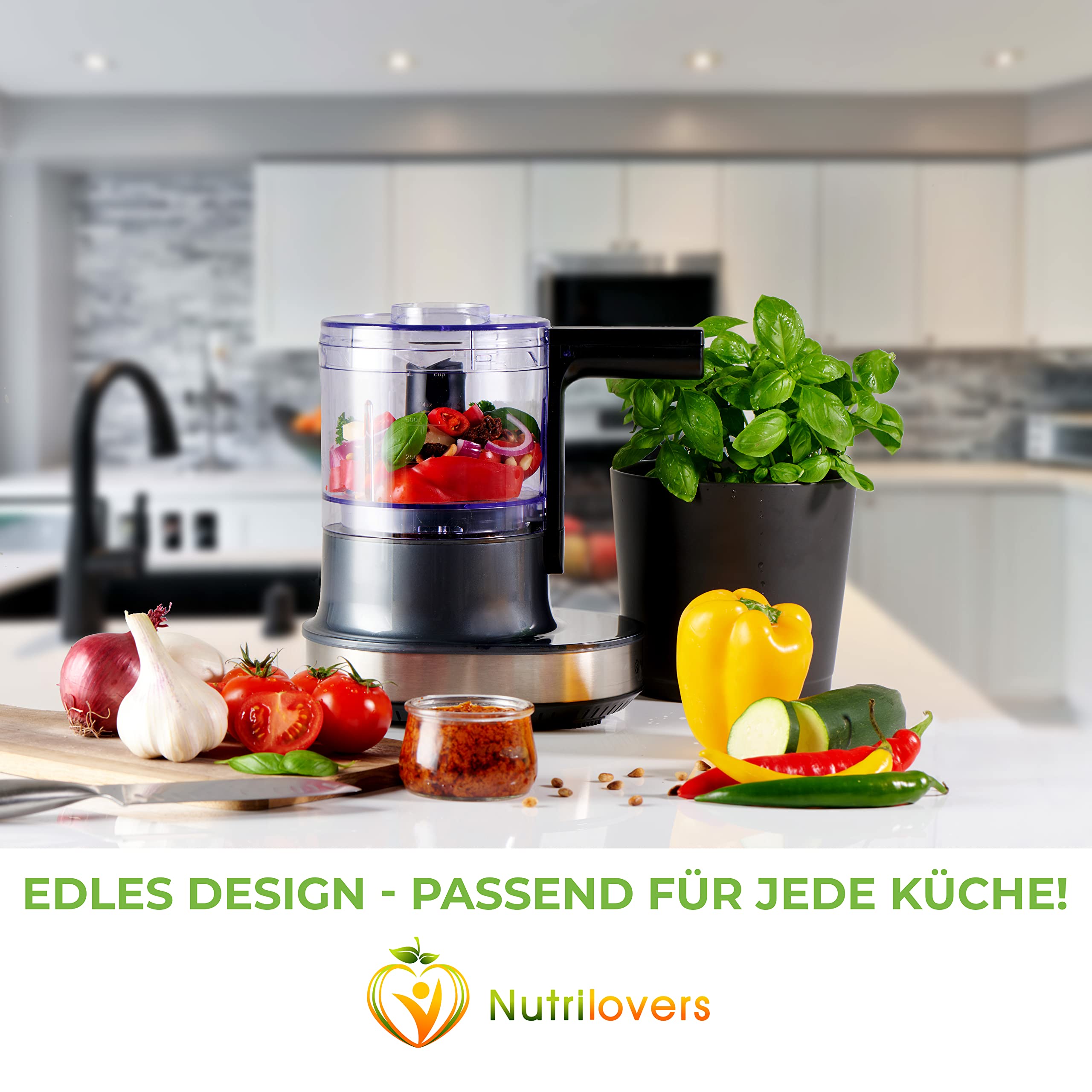NUTRI-CHOPPER 4D tritatutto elettrico con funzione AUTO-BLADE – senza BPA – marchio tedesco – Food Processor trituratore universale per cipolla carne, noci, pesto