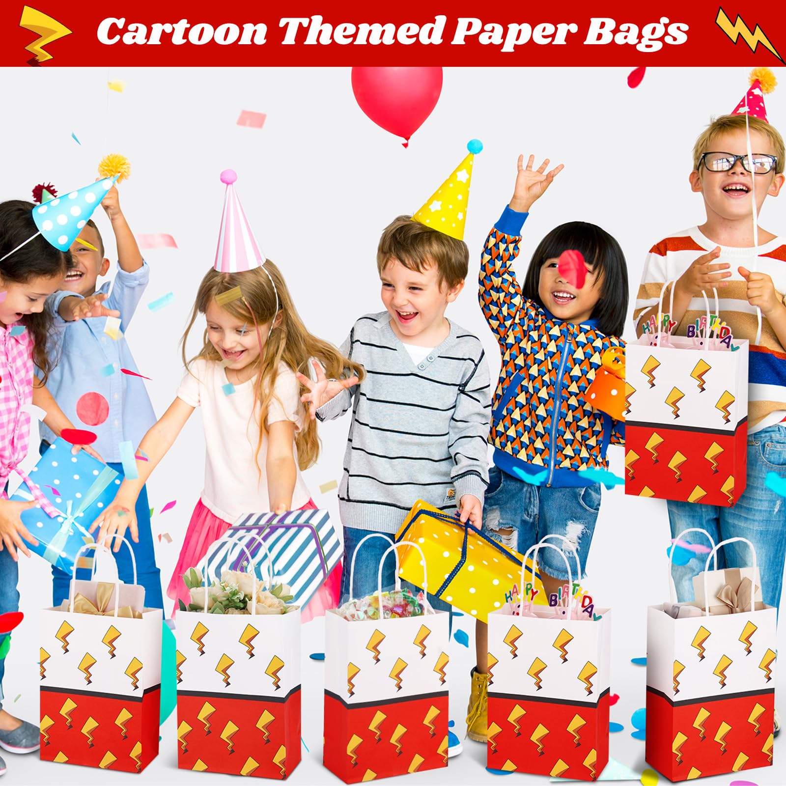 24 Pcs Cartoon Animation Gift Bags Red Birthday Party Bags Paper Goodie Bag with Handle Candy Bag Decorations for Birthday Holiday Event Supplies Gift Fillers
