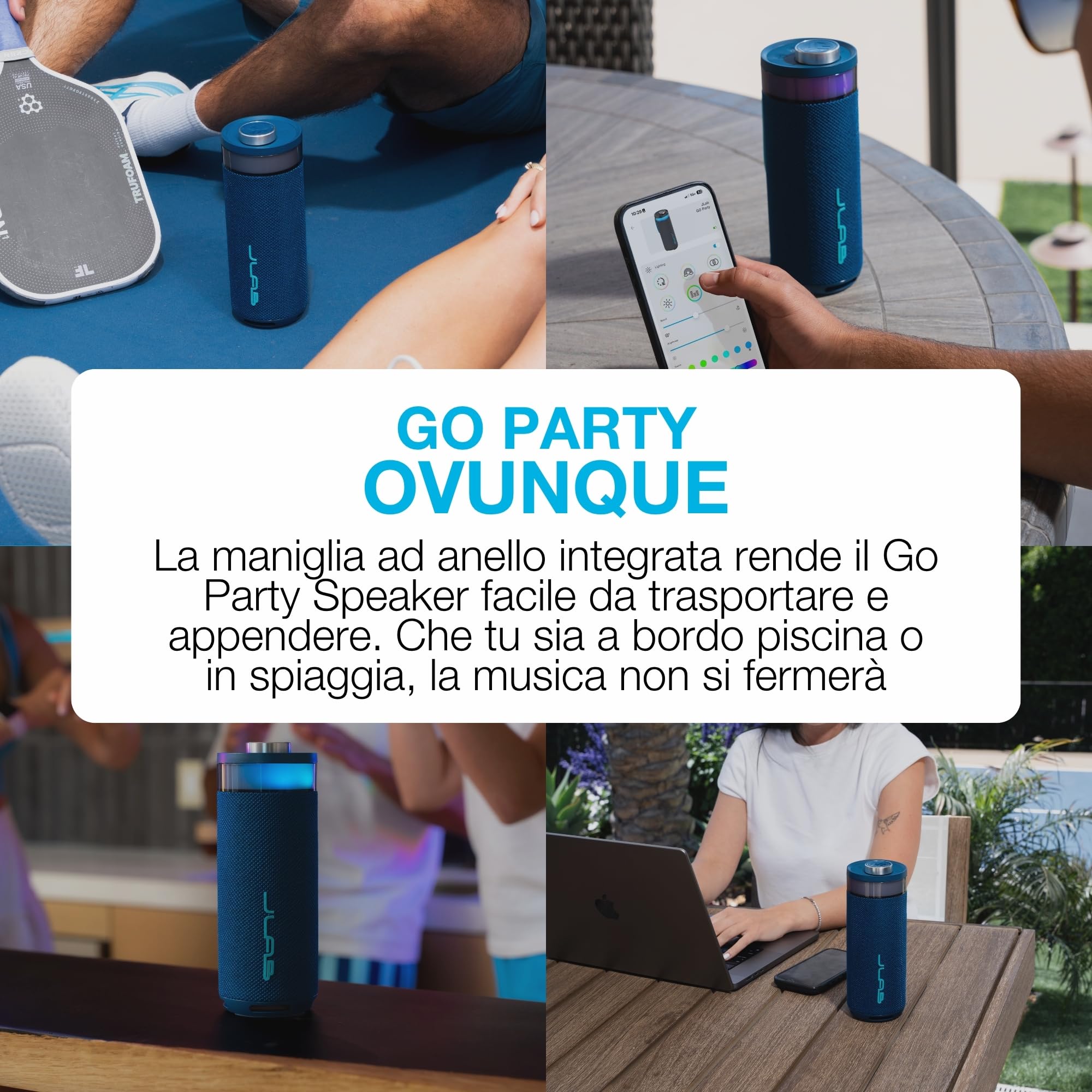 JLab Go Party Cassa Bluetooth Portatile con 16+ ore di riproduzione - Altoparlante Wireless da 10W per Esterni e Viaggi con Luci RGB e Audio Potente, Resistente all'Acqua IP56, Blu Navy