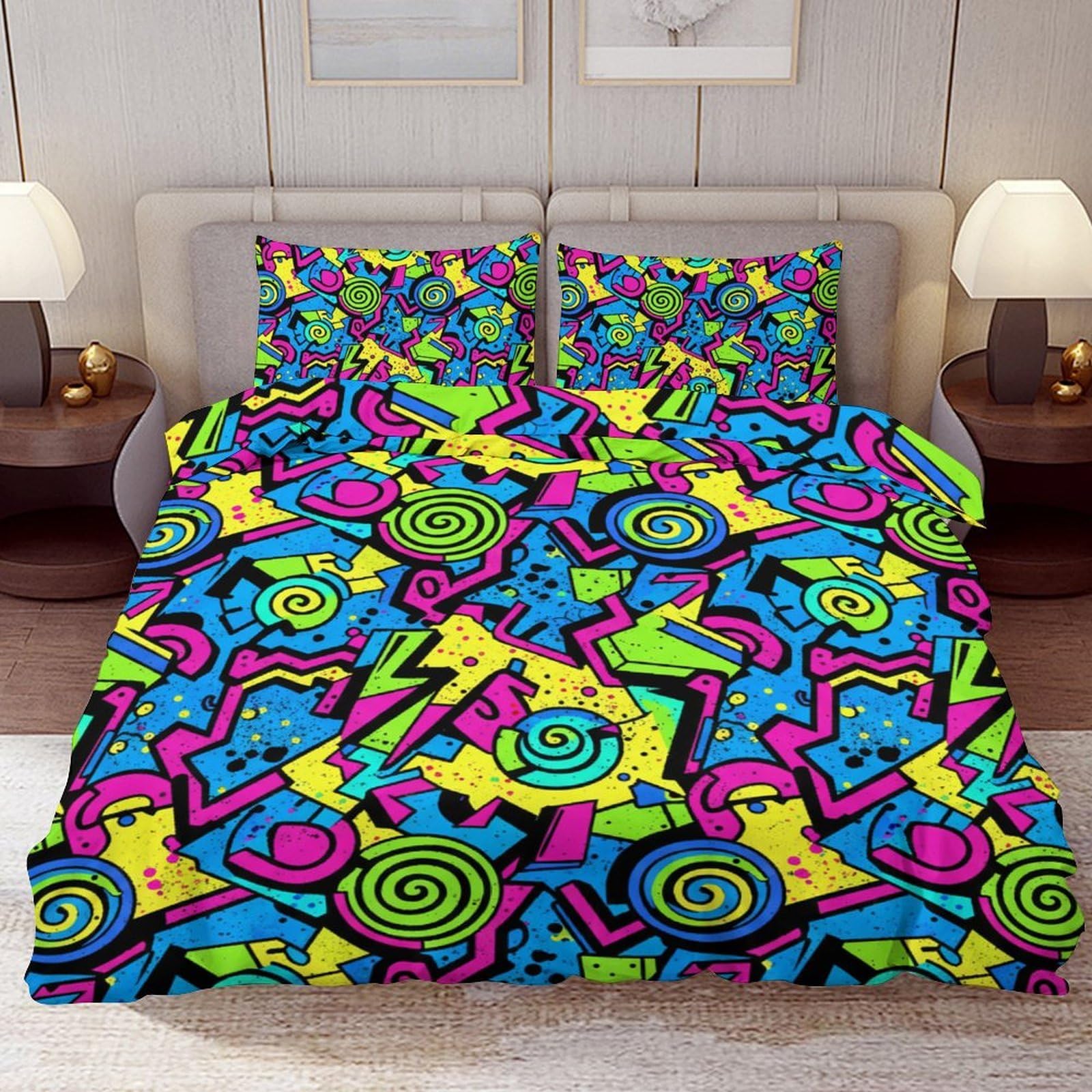 Delerain Comforter Cover Set Full Size, Neon Abstract 90s Retro 3-Piece Bedding Set for Boys Girls Teens Modern Soft Microfiber Bedroom Set Room Decor, 1 Duvet Cover + 2 Pillowcases