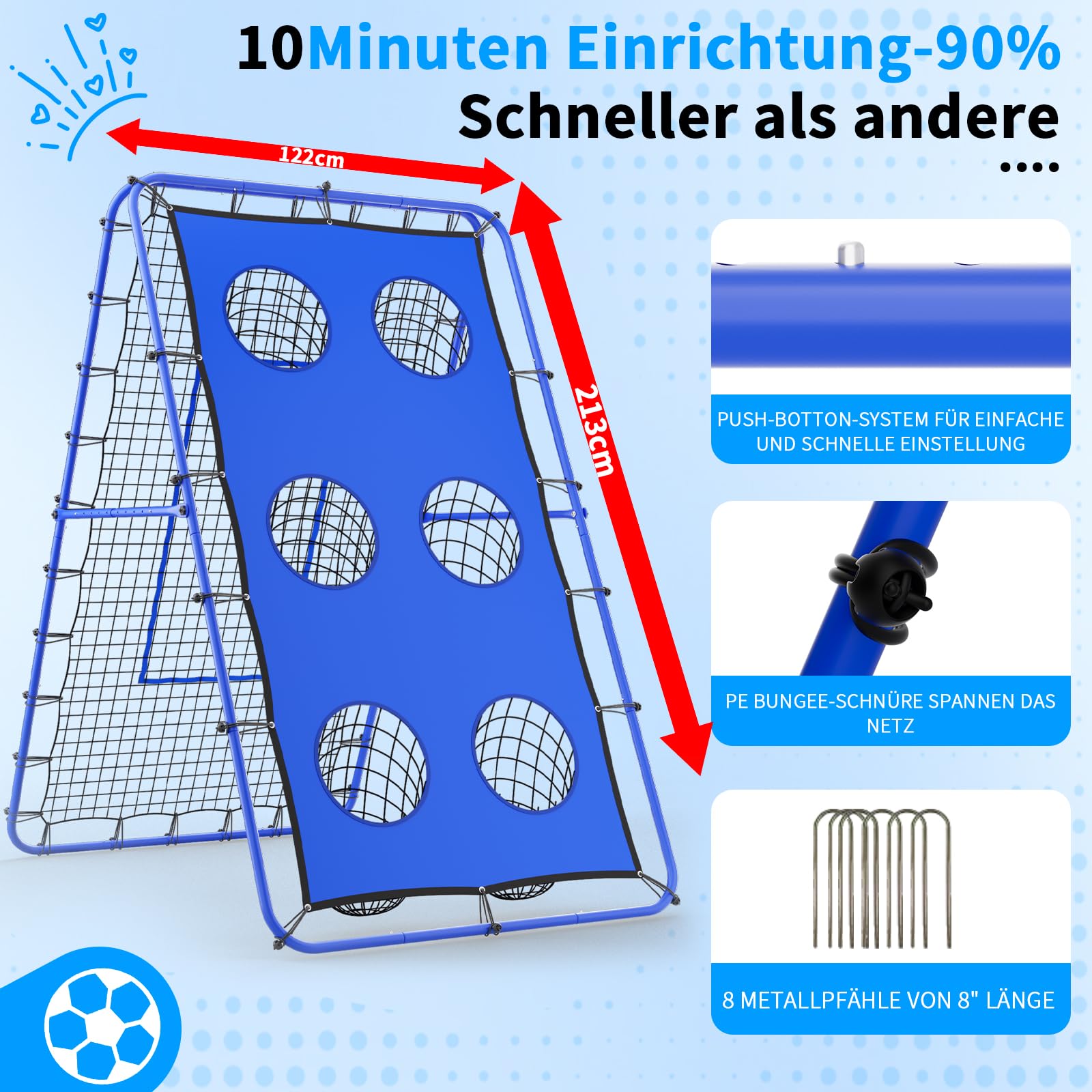 Filet de rebond volleyball 2,1 x 1,2 m réglable multi-angle avec piquets métalliques solides