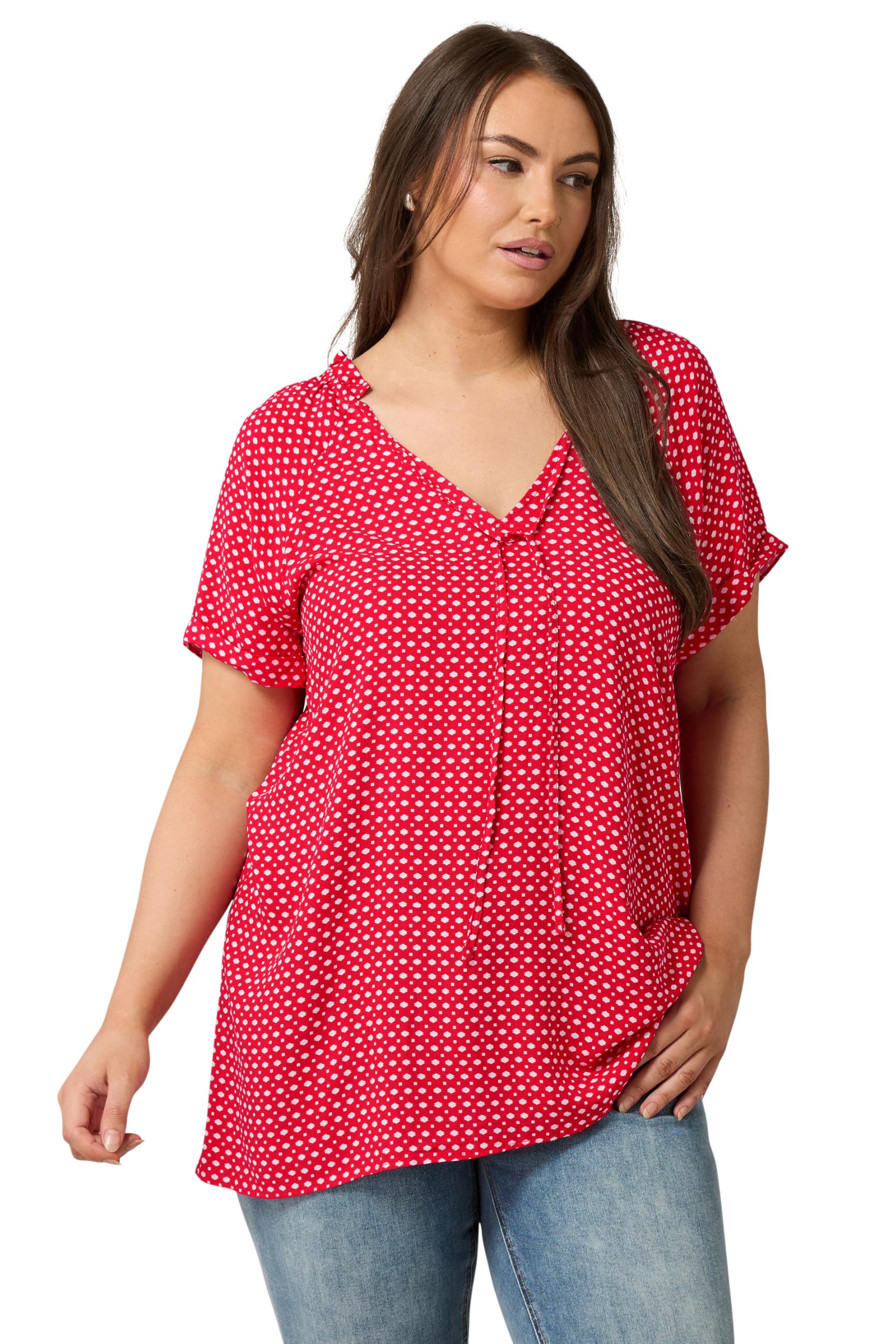 Evans Women's Red Curve Dot Print Tie Neck Blouse - Plus Size Curve