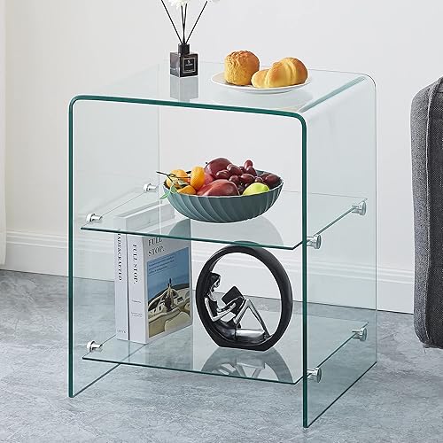 Miniatura 3 de Clear Nightstand Side Table, Glass End Table, S-Shaped Side Table for Living Room, Glass Bedside Table Sofa Nightstand Bent Glass Table (Two Layers