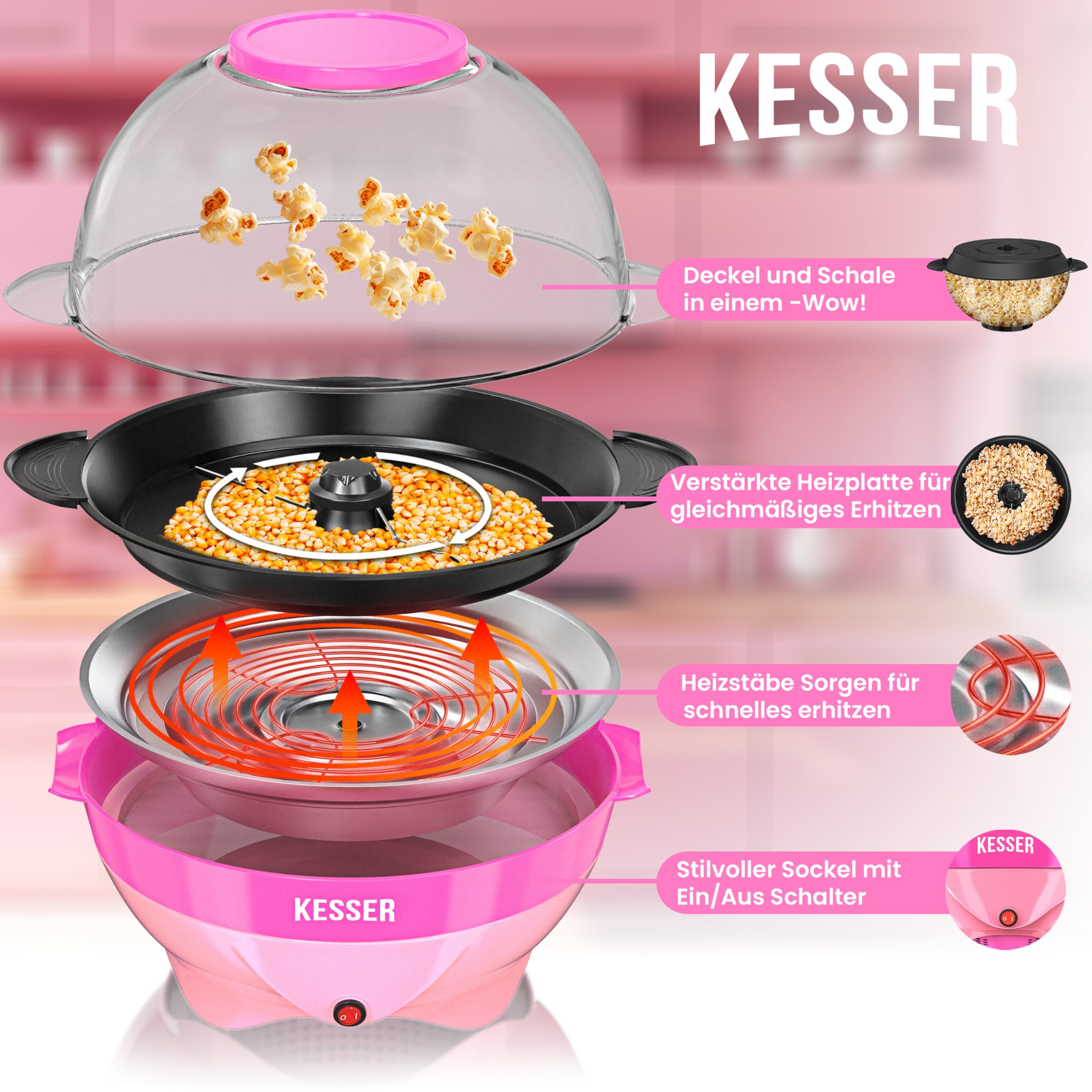 KESSER® Macchina Popcorn 800W | Popcorn Maker 5,5l con coperchio con rivestimento antiaderente e ciotola di servizio | incl. superficie di riscaldamento rimovibile e tazza per popcorn, 26849_mfn