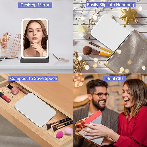 Miniatura 7 de Espejo de maquillaje recargable iluminado de viaje con cubierta de piel sintética, espejo de maquillaje de viaje portátil con luces, iluminación de