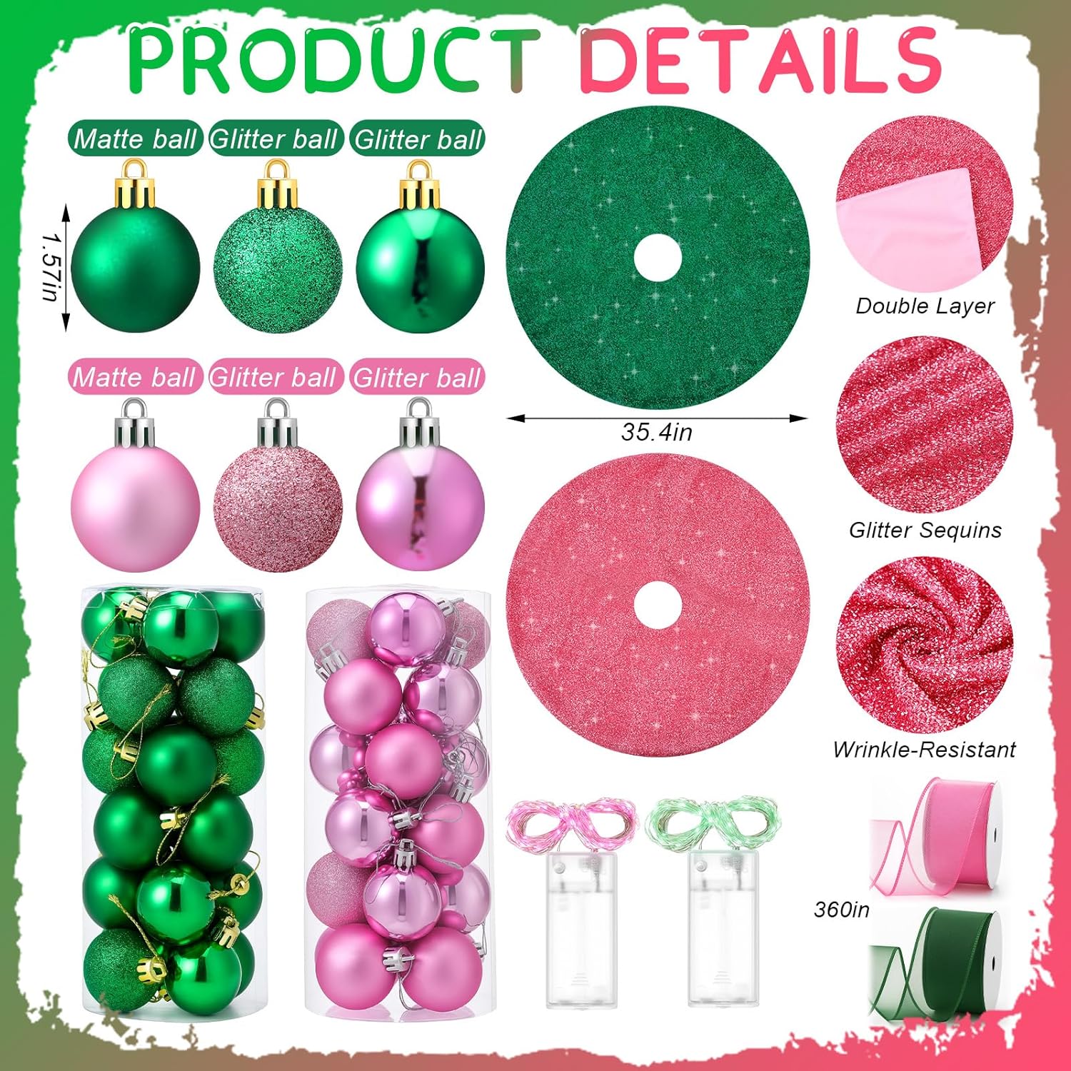 Civaner 54 Pcs Witch Christmas Tree Decoration Pink and Green Christmas Ornaments 2 Xmas Tree Skirt Stand 48 Ball Ornament 2 Light String 2 Ribbon Xmas Decor for Decorative Holiday Party Supplies