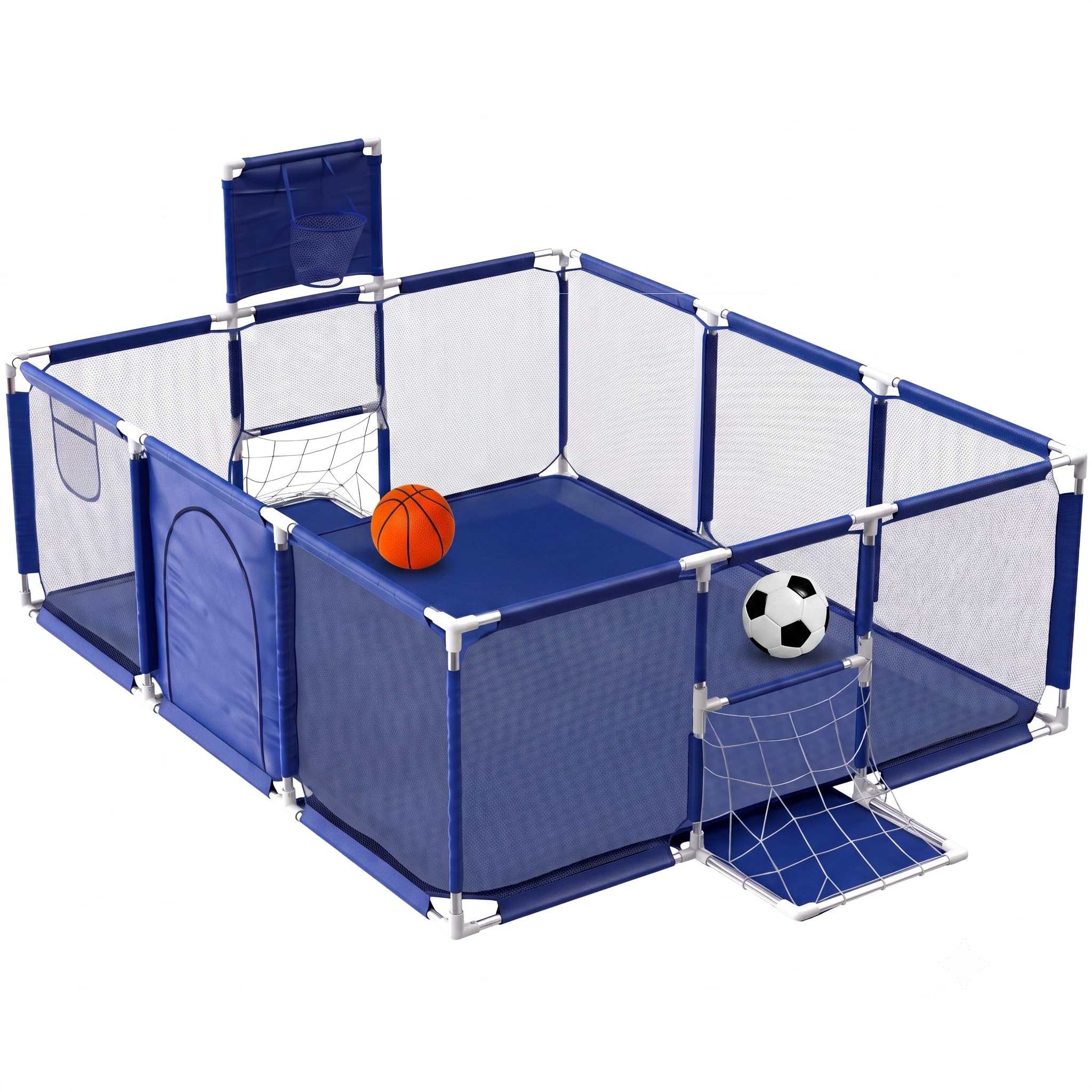 JUPPLIES Parque Infantil Bebe + Pelota de Fútbol y Baloncesto - Corralito Plegable 180 x 120 x 60cm - Parque de Juegos Con Malla Transpirable - Centro de Actividades Gimnasio Parque Cuna Azul