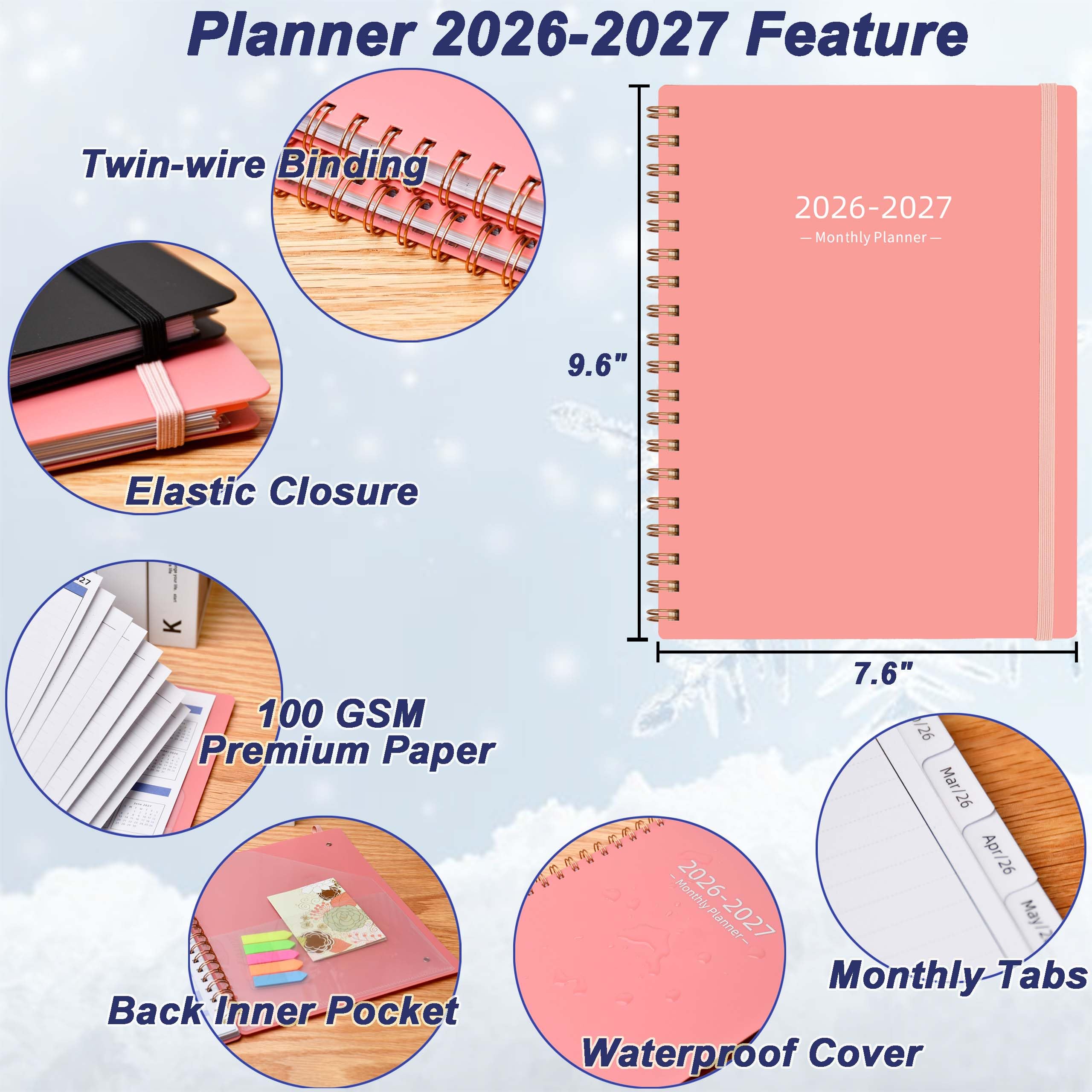 Monatsplaner 2026–2027, Juli 2026-Dez.2027, Agenda-Buch mit Registerkarten und Tasche, Rosa