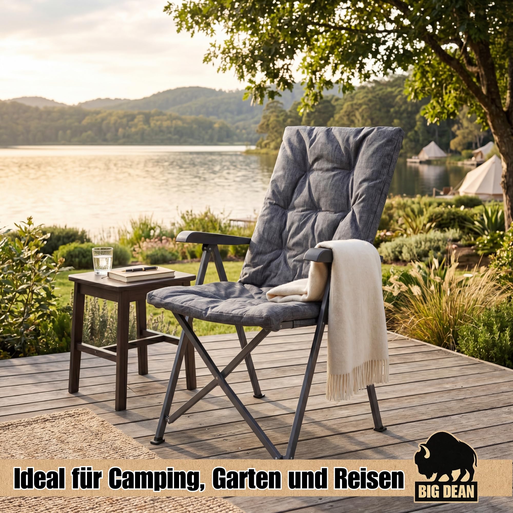 BigDean Lot de 2 chaises de camping pliantes, réglables en 4 positions, jusqu'à 150 kg, rembourrées épaisses, dossier haut, chaise de pêche pour camping, jardin, balcon