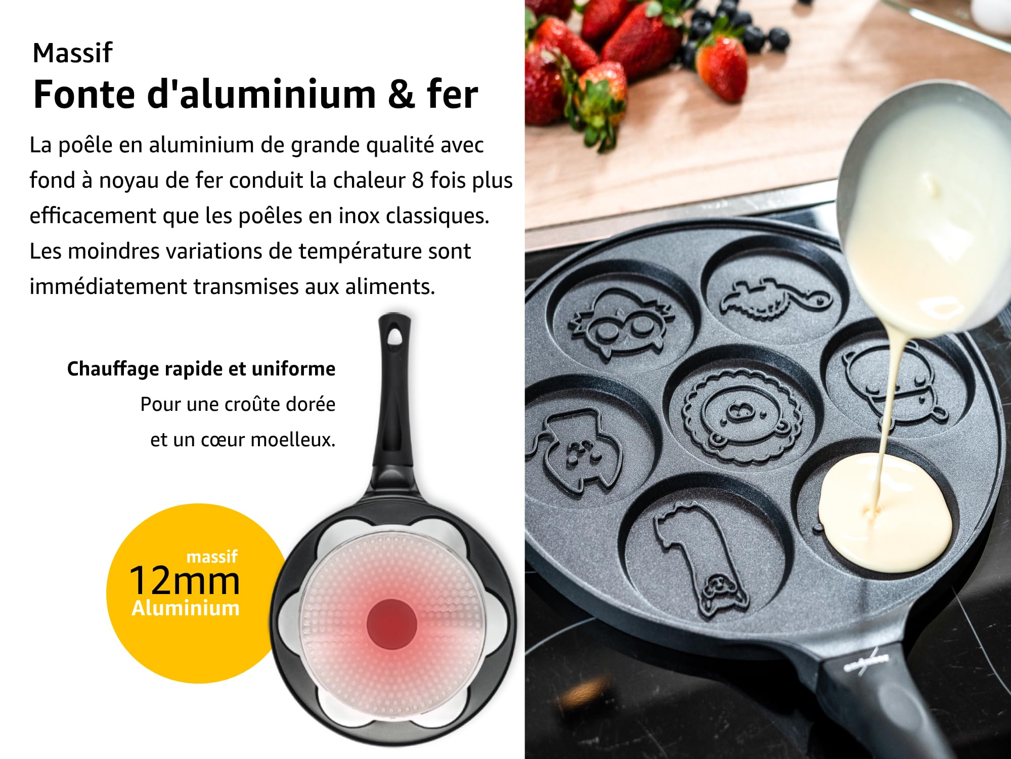 endusor Poele Pancakes animaux pour enfants - Poele pancakes avec un diamètre de 26cm et un revêtement anti-adhésif | Induction Gaz Céramique Électrique Halogène | 7 trous pour Pancake Blinis Crêpe