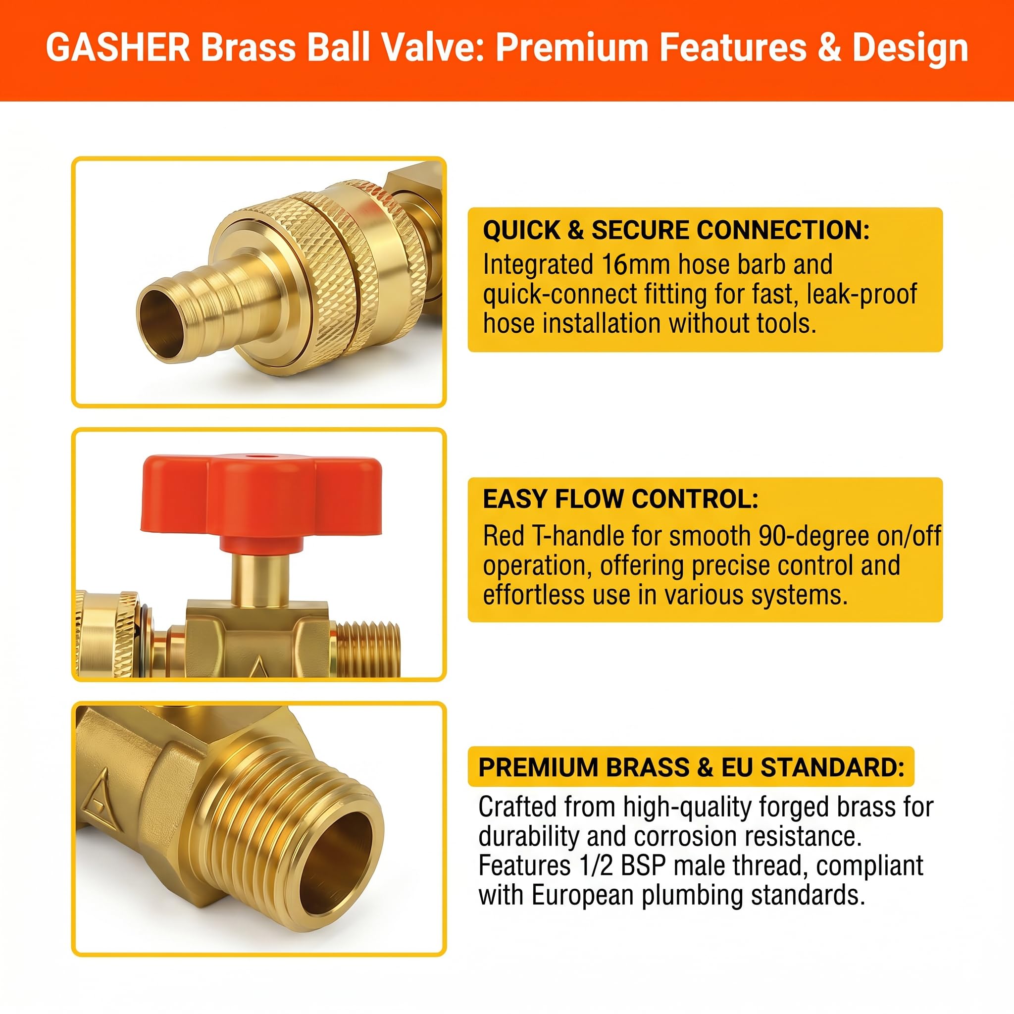 GASHER 5 piezas válvula de bola de latón con conector rápido, rosca macho 1/2 BSP a racor de manguito de 16mm, válvula de cierre por compresión para agua, aire, gas y aceite