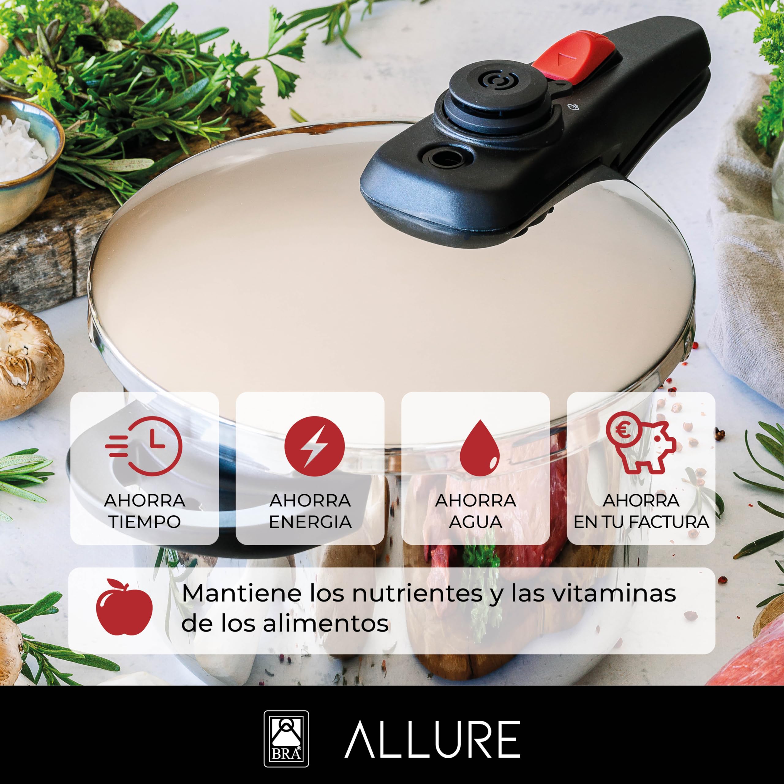 BRA Allure | Olla a Presión Rápida de 6 Litros, Fabricada en Acero Inoxidable 18/10, Con 2 Programas de Cocción y Sistema de Bloqueo de Apertura, Apta para Todo Tipo de Cocinas