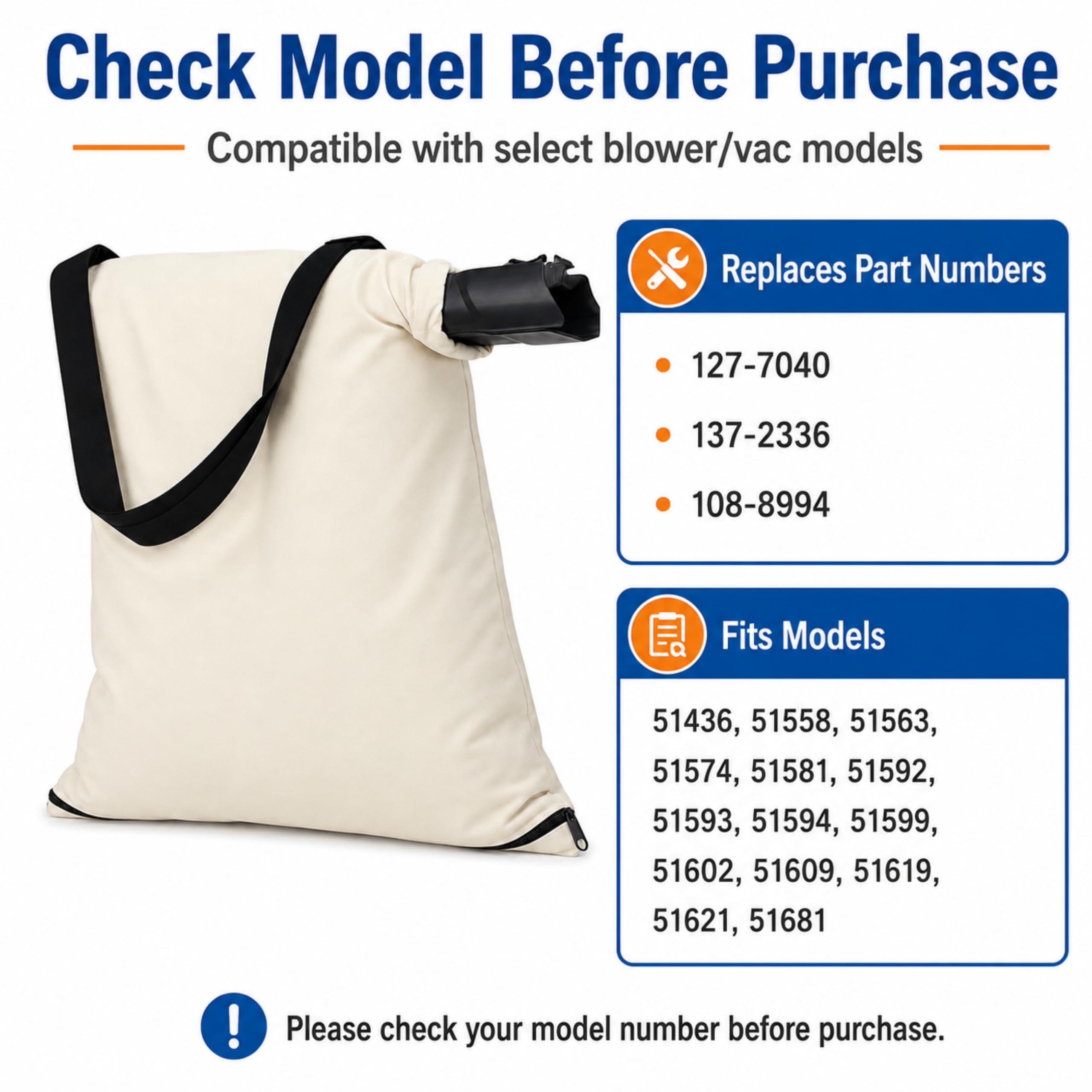 127-7040 - Bolsa de repuesto para soplador de hojas Toro 137-2336, 108-8994, 51436, 51563, 51581, 51594, 51599, 51609, 51619, 51621