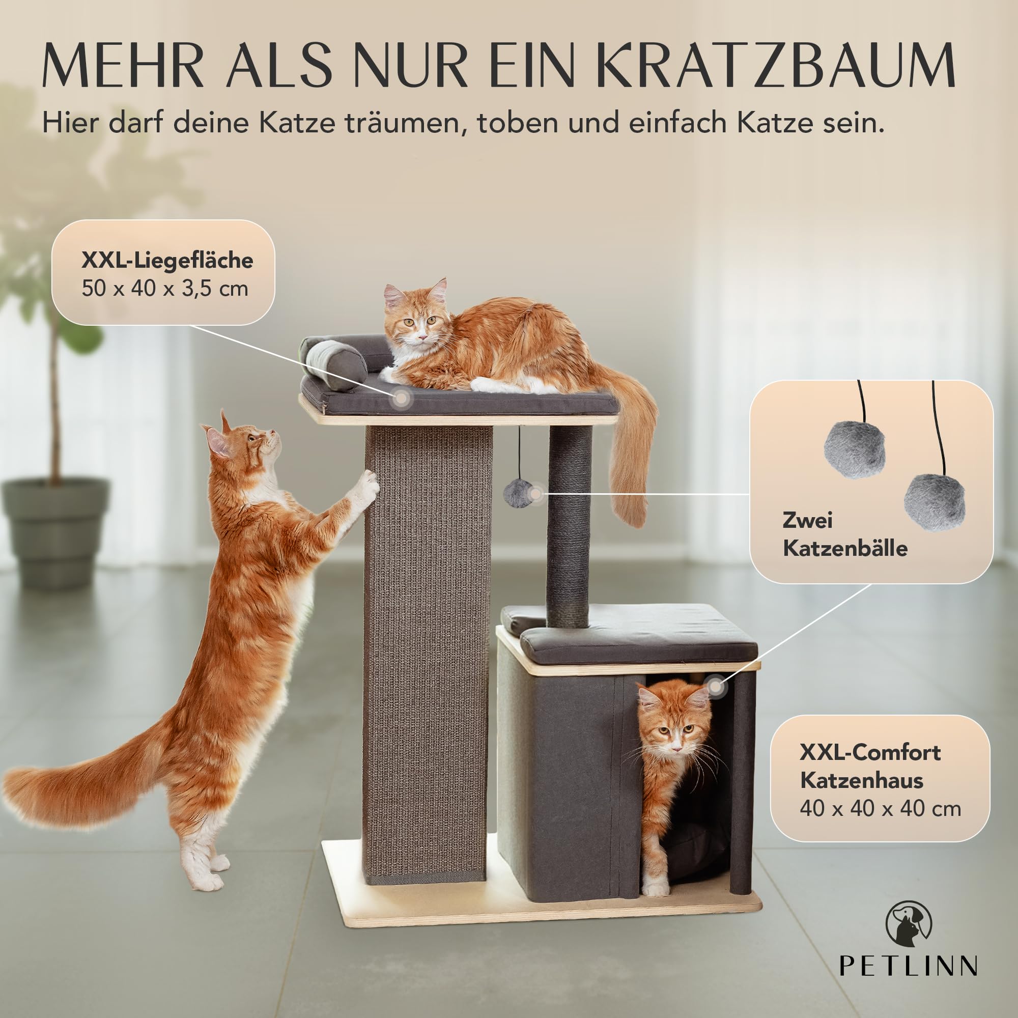 Premium Kratzbaum, für große Katzen, stabil, extra Dicker Stamm, Katzenbaum Holz, große Liegeflächen und Höhle, 95 cm, grau, modernes Design, Katzenkratzbaum Natur-Optik