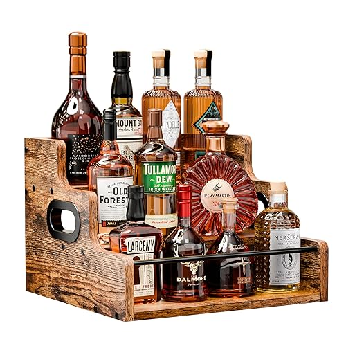 KLM Liquor Bottle Display Shelf, Coffee Syrup Rack Organizer, 3 Step Countertop Wine Rack, Mini Bar, Retro Bar Shelf Stand for Whiskey, Spirits