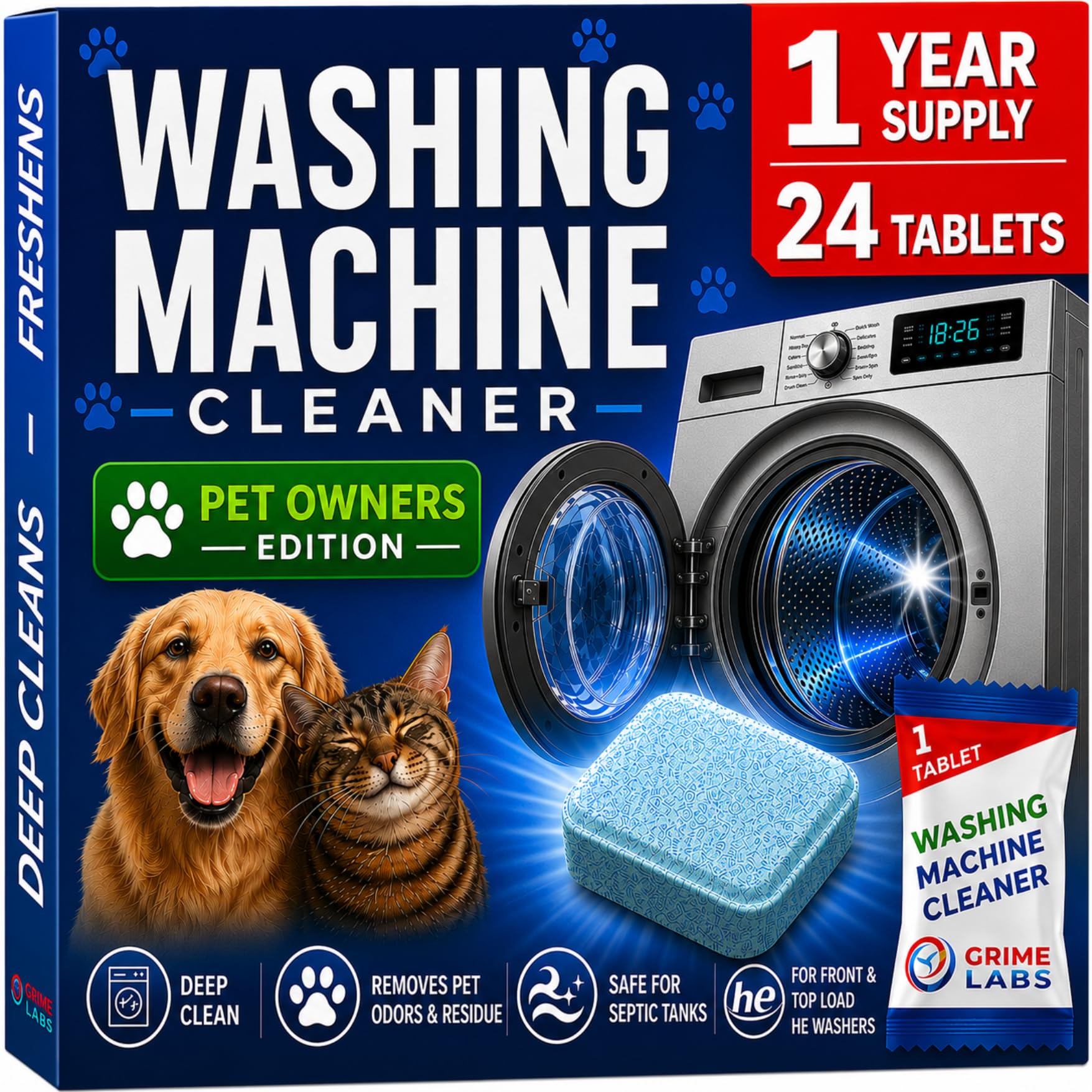 Washing Machine Cleaner – Pet Owners Edition | Removes Pet Odors &amp; Residue | Deep Cleaning &amp; Freshening | Safe for Septic Tanks | Front &amp; Top Load HE Washers | 24 Tablets