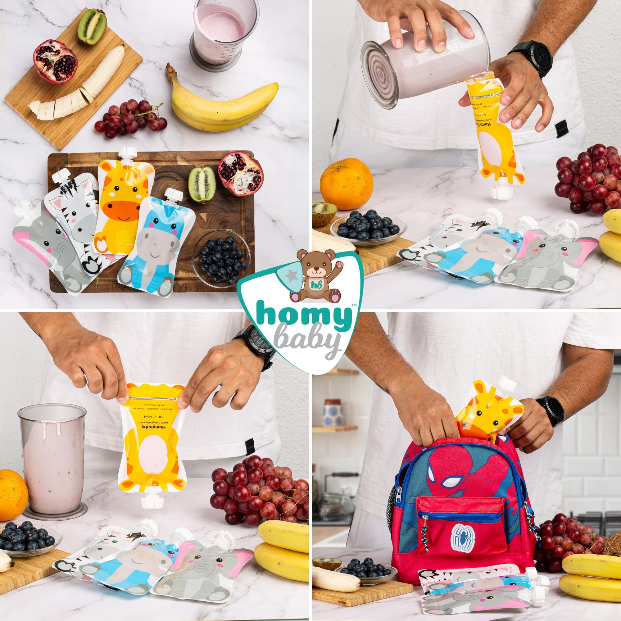 HOMYBABY® Gourdes Compotes Reutilisables Bebe [x4] - Pochette Compote Reutilisable - Sacs Réutilisables pour L'alimentation du Bébé - Gourde Rechargeable Compote aux motifs d'animaux amusants + E-BOOK