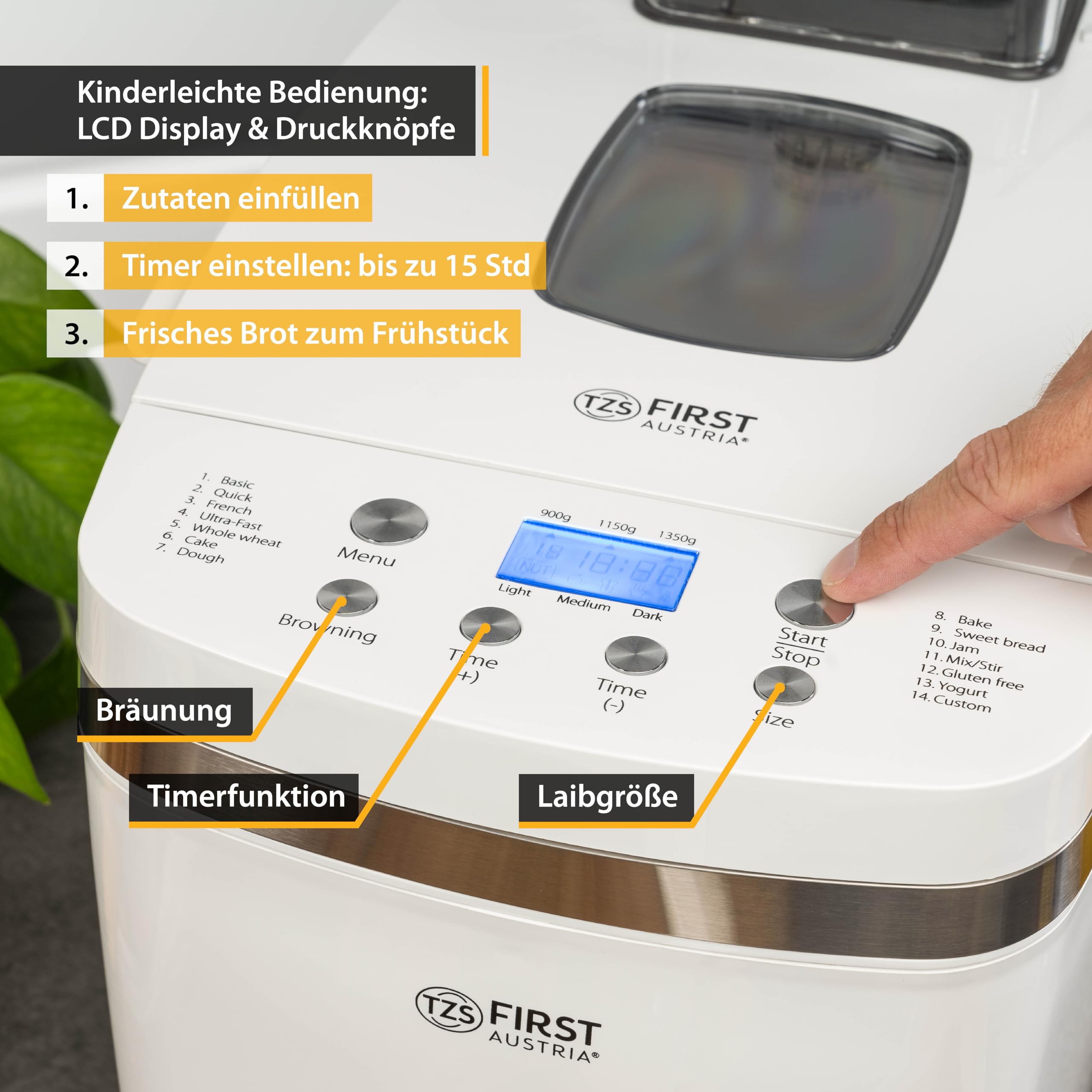 TZS First Austria - Brotbackautomat 850W - Teigmenge 900g und 1350g - 14 Automatikprogramme - Einstellbare Bräunungsgrade, Timer & Warmhaltefunktion - Automatische Abschaltung