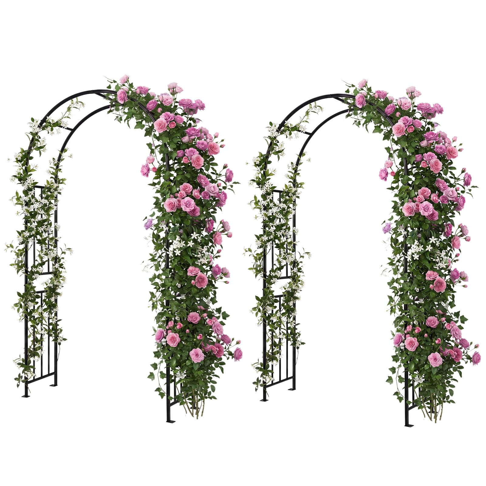 LDAILY Moccha Garden Arch Arbor Trellis, 7.2Ft Outdoor Steel Arbor with Stakes, Metal Archway for Climbing Plants, Wide Sturdy Garden Arch for Lawn, Party, Ceremony Wedding Decoration, Black(2)