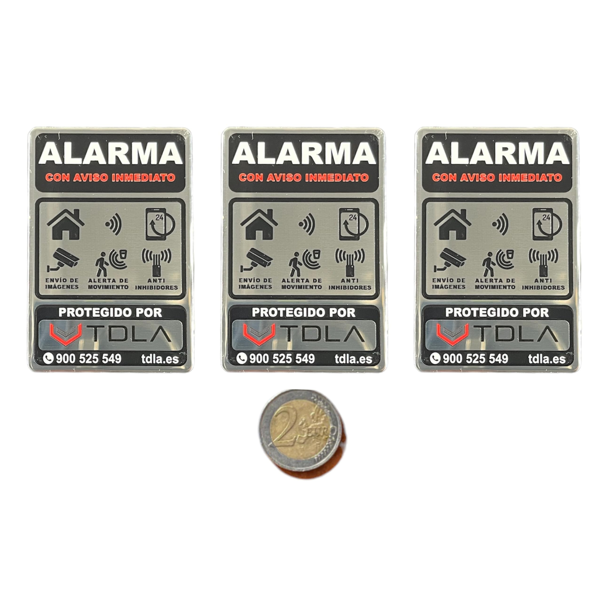 3 Disuasorios Alarma AUTÉNTiCOS Tdla Sistemas de Seguridad. 3 Etiquetas adhesivas de ALUMINIO resistente agua. PUERTA VENTANA BUZON Cartel Videovigilancia - 7,5X5 cm - Zona Videovigilada