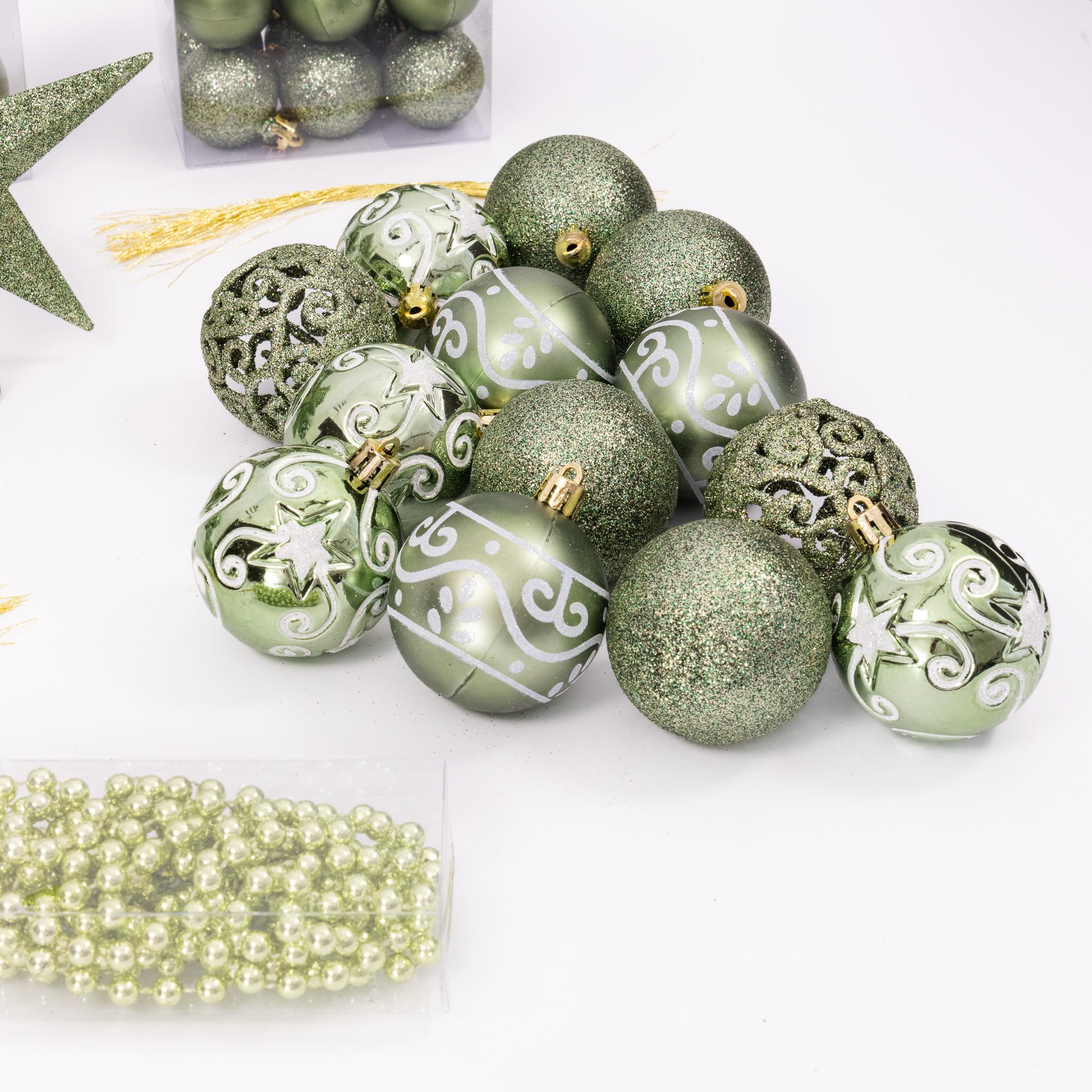 Lot de 100 décorations pour sapin de Noël - Boules, étoile et guirlande de perles - Paillettes, mates et métalliques