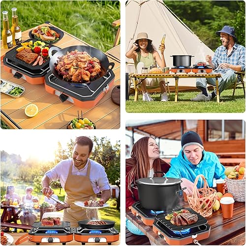 Miniatura 8 de Estufa de camping de propano ajustable de 2 quemadores con parrilla y bolsa de transporte, estufa de campamento plegable de 16,000 BTU, protección