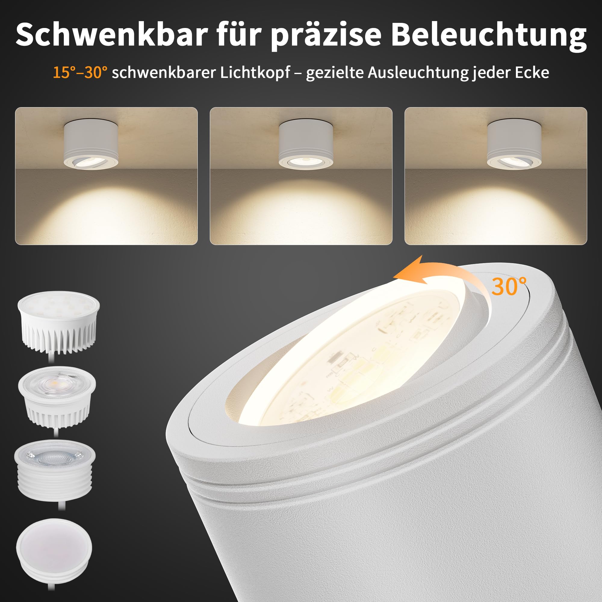 4x LED Aufbauspots Dimmbar 230V – 3 Farbtemperaturen 2700K/4000K/5700K – Extra Flach Ø80×50mm, 30° Schwenkbar, inkl. 5W LED Modul – Aufputz Deckenspots Weiß