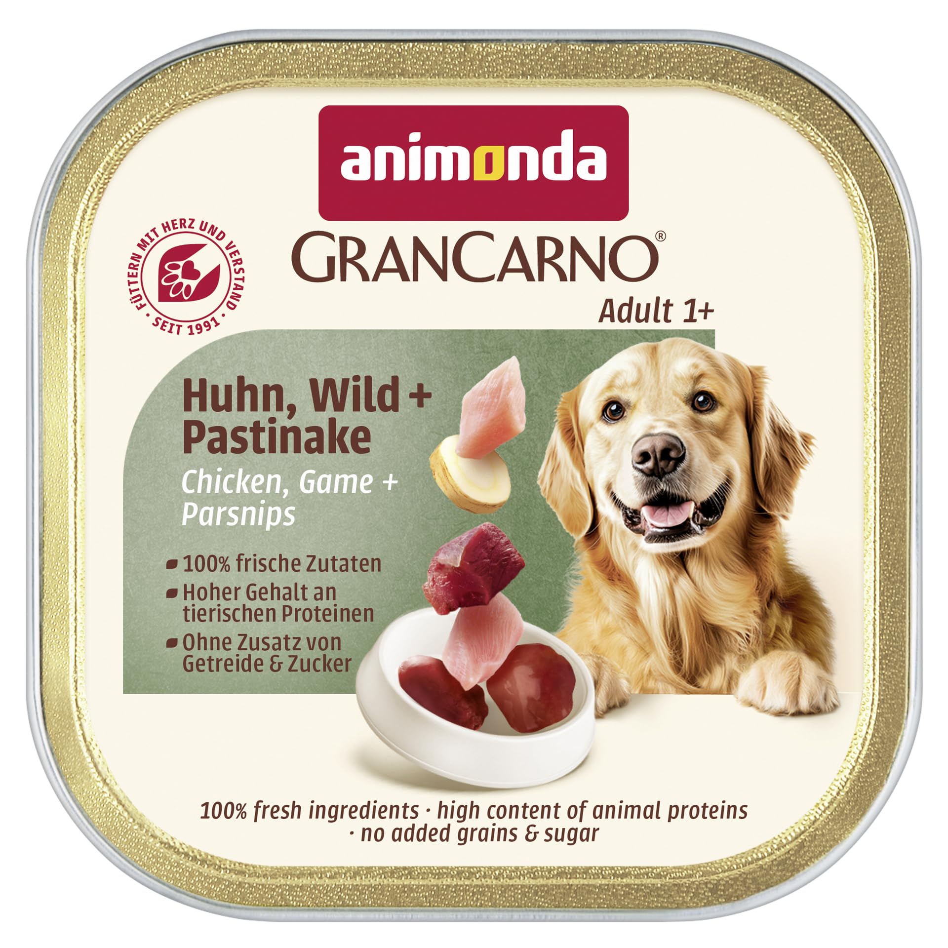 animonda GranCarno Hunde Nassfutter Adult Huhn, Wild + Pastinake (22 x 150g), getreidefreies Hundenassfutter ohne Zucker, für ausgewachsene Hunde, mit frischen fleischigen Zutaten