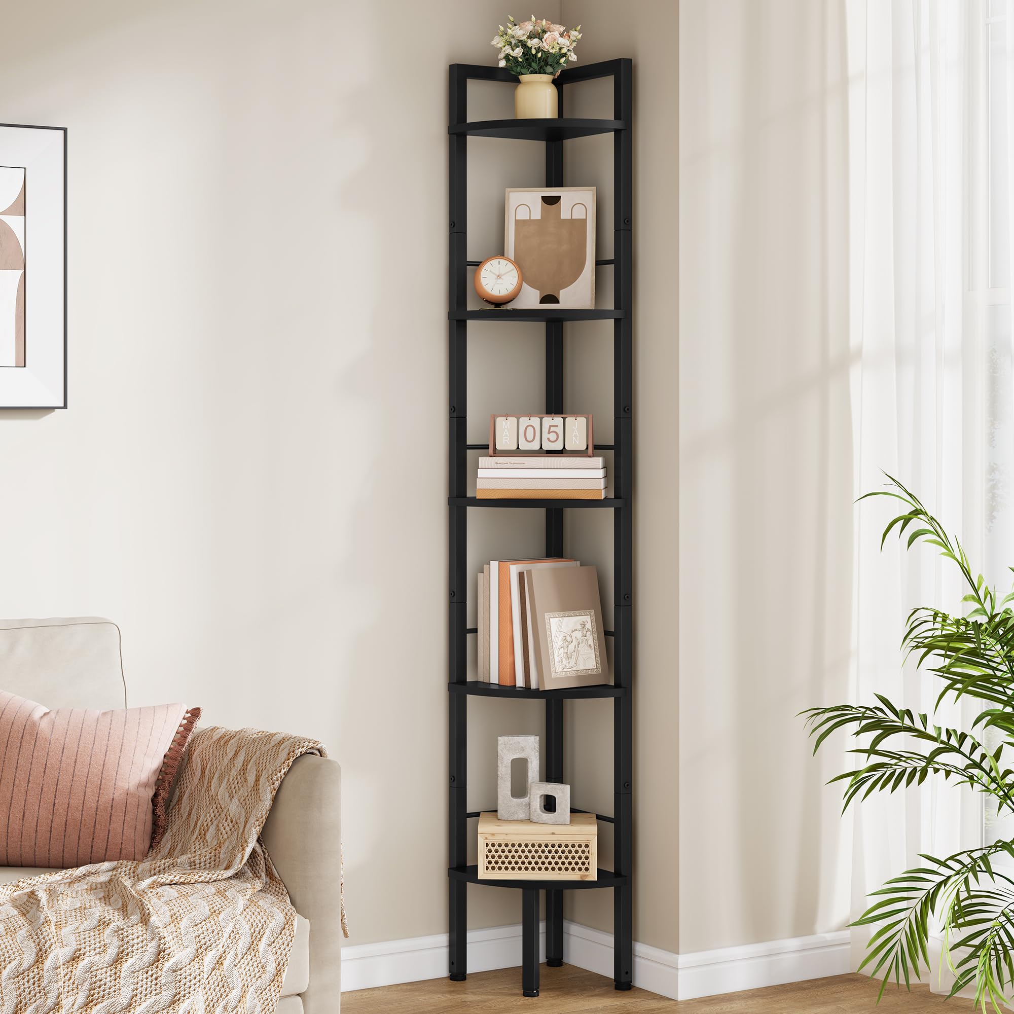 Tajsoon Narrow Corner Shelf Stand 5 Tier 60.5" Industrial Corner Ladder Shelves with Metal Frame, Multipurpose Tall Corner Bookshelf Bedroom, Living Room, Office, Kitchen, Black