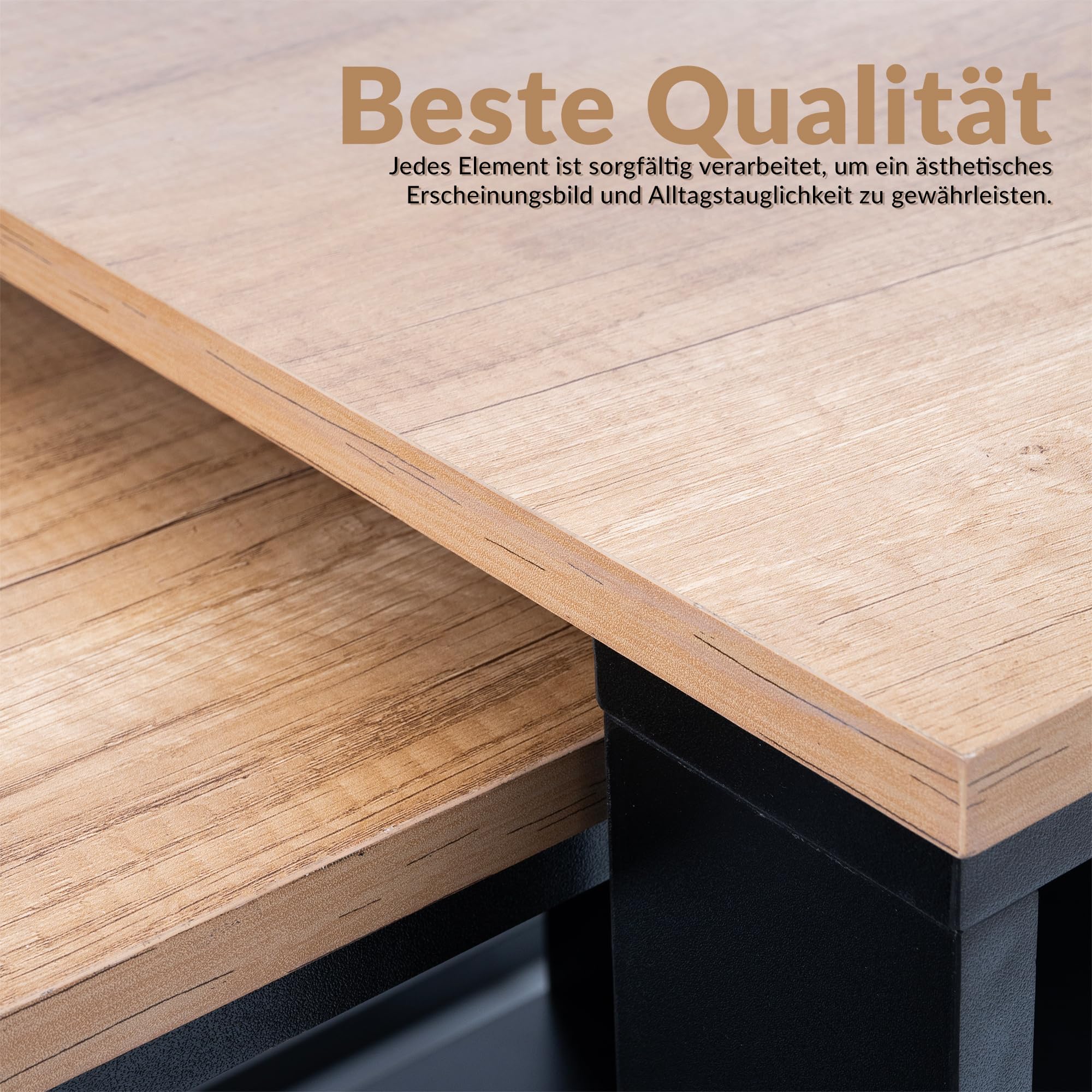 LEHMANN Wohnzimmertisch Holz, Couchtisch 2er Set in 2 Größen, Beistelltisch Holz, Wohnzimmer Tisch für Couch mit Schwarzem Gestell und Holzplatte, beistelltische fürs Wohnzimmer Set, Simple modern