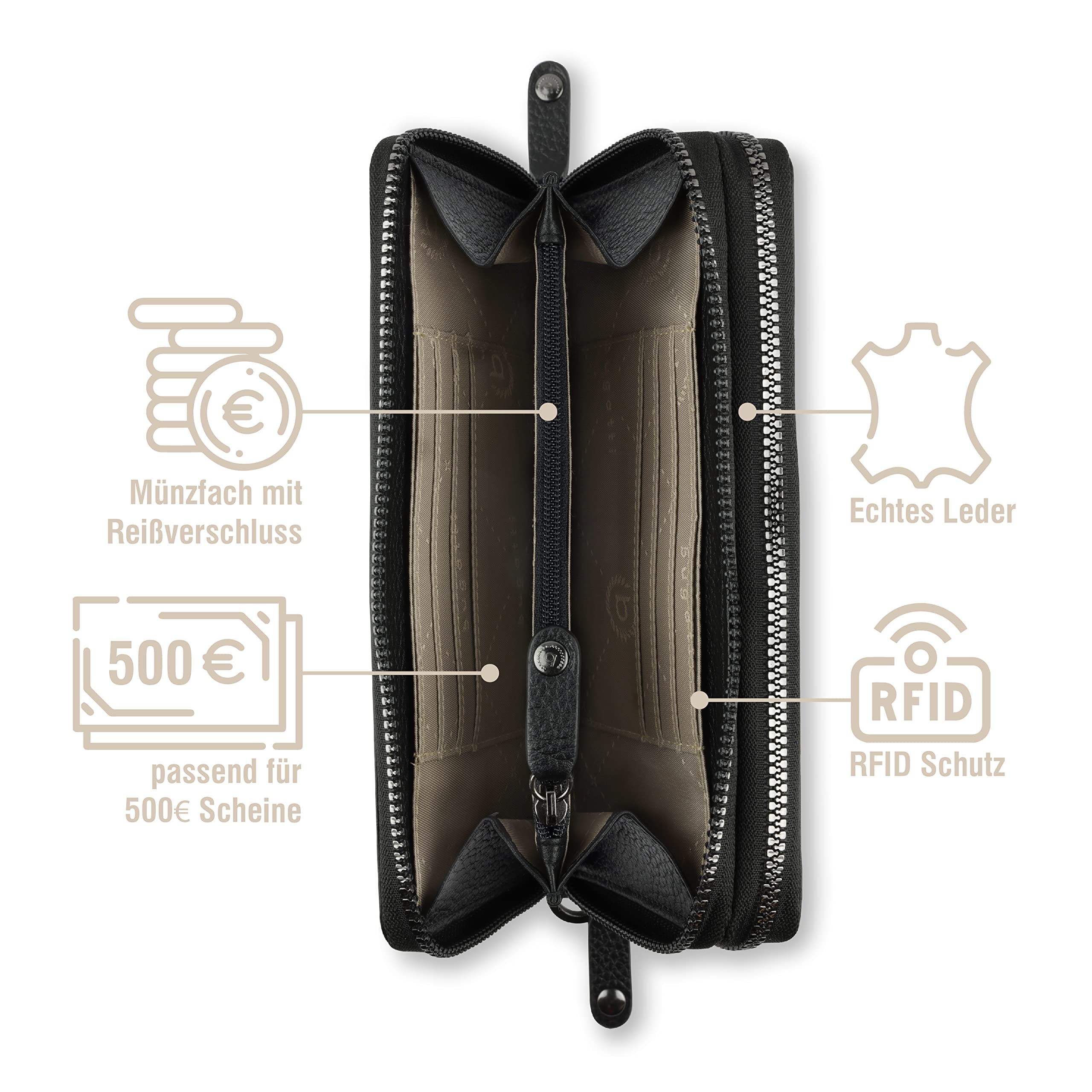 bugatti ELSA Geldbörse lang aus Leder mit RFID-Schutz, Schwarz