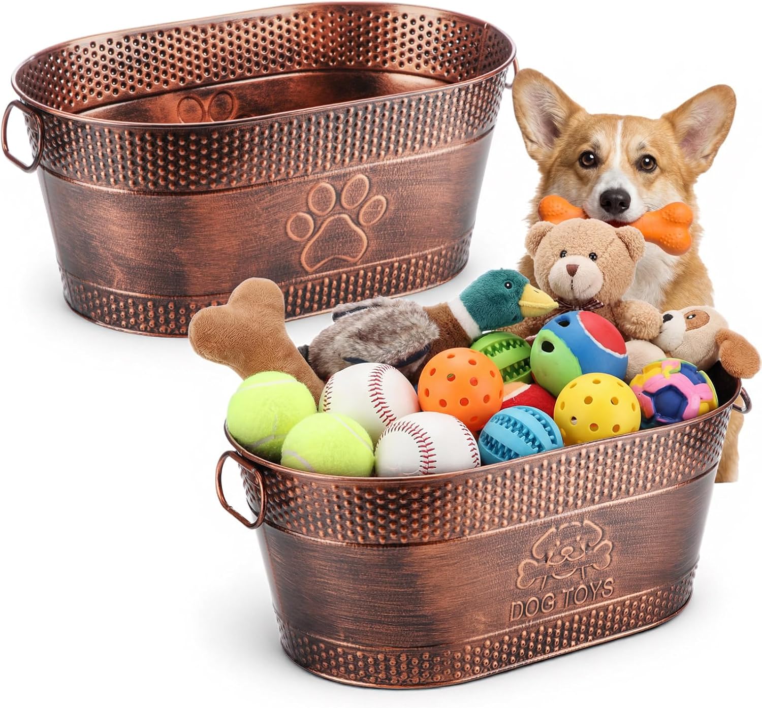 Zonon 2 Pack Metal Dog Toy Basket Large Copper Oval Puppy Toy Box with Handles Durable Galvanized Dog Bin for Pet Blankets Leashes Storage Living Room Area (21 Quart)