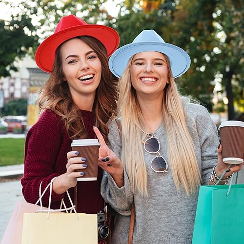Vista 7 de Yahenda 12 sombreros clásicos de ala ancha para mujer, sombrero de Panamá de fieltro ajustable a granel con hebilla de cinturón, sombrero de ala