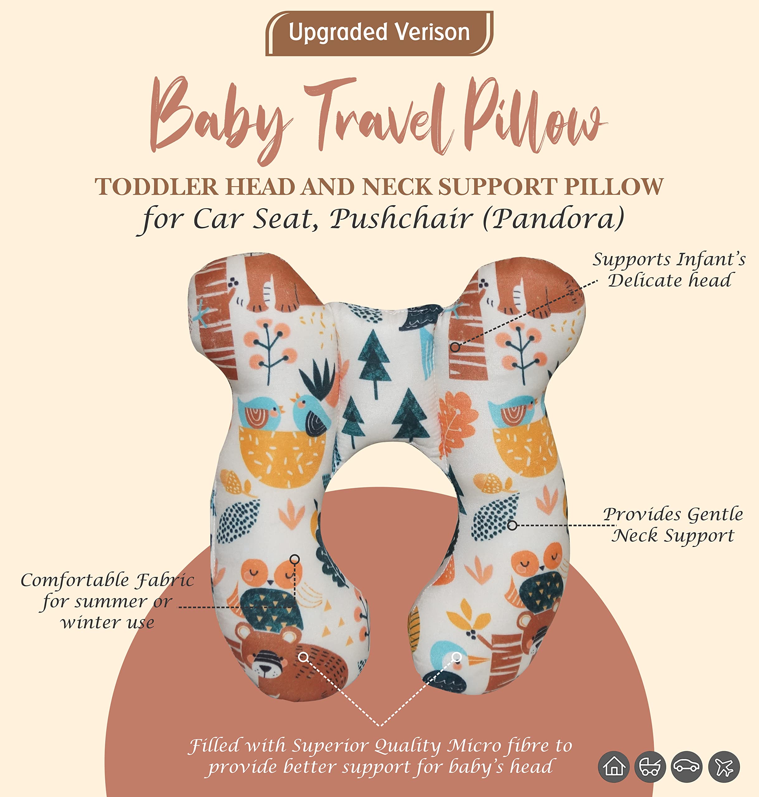 Oscar Home Infant Head and Neck Support Pillow for Car Seat, Baby Travel Pillow, for 0-18 Months Old Baby, Kid's Neck Pillow, Soft and Skin Friendly, Baby Neck Pillow (Pandora) - Image 2 thumbnail