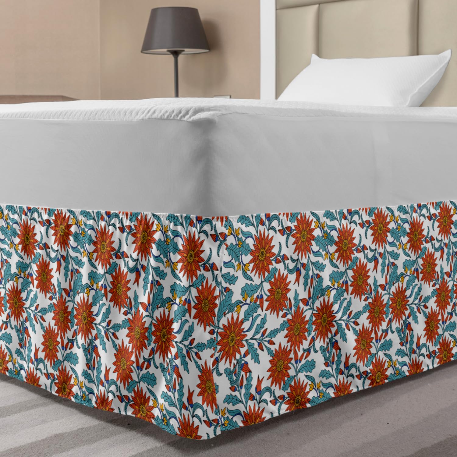 Lunarable Oriental Bedskirt Eastern Bohem Detail Ottoman Tile Work Inspired Flowers Bedroom Decor Wrap Around Elastic Bed Skirt
