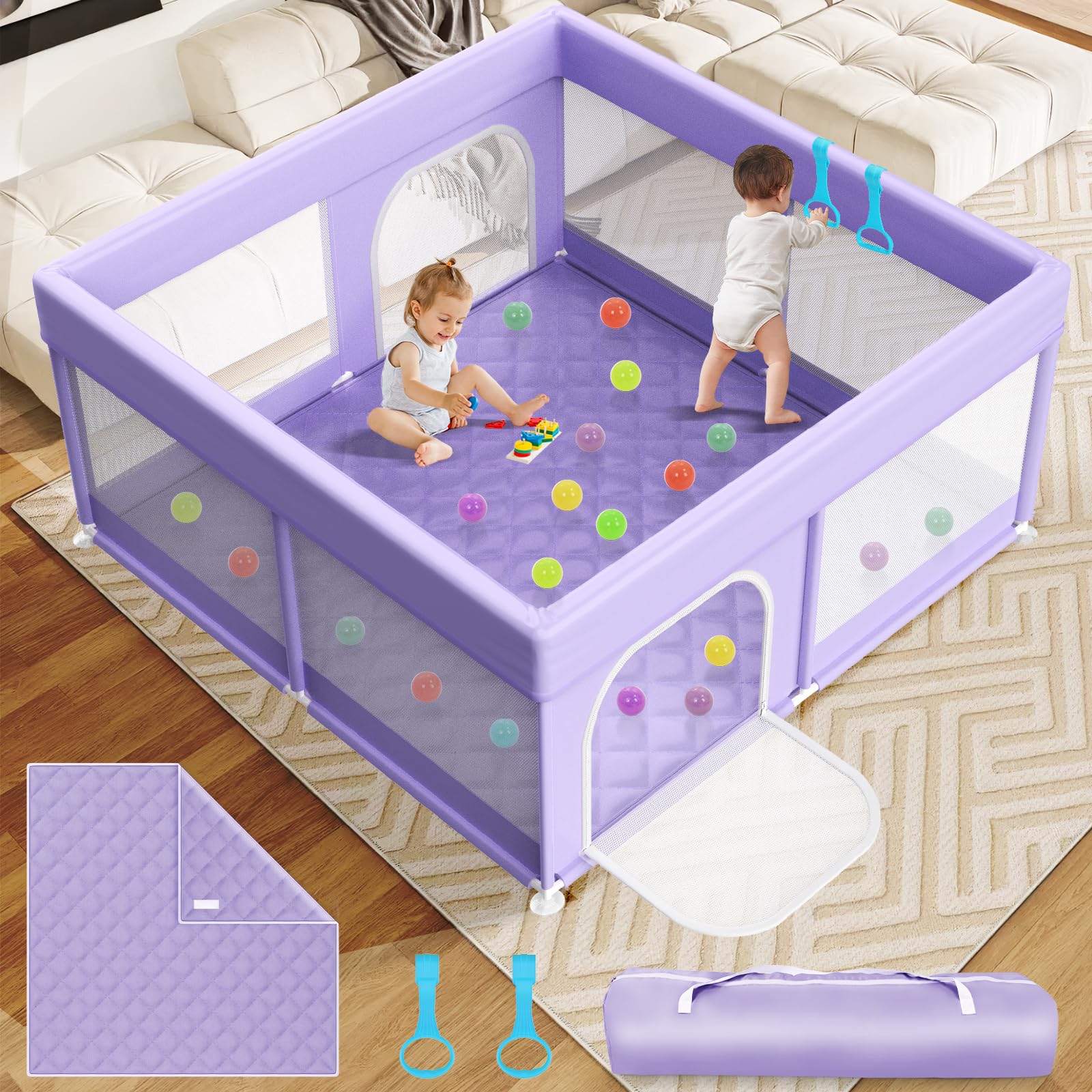 Baby Playpen with Mat 64"x64" - Playpen for Babies and Toddlers with Mat for Apartment - Play Yard with mat Included - Soft Breathable Mesh -