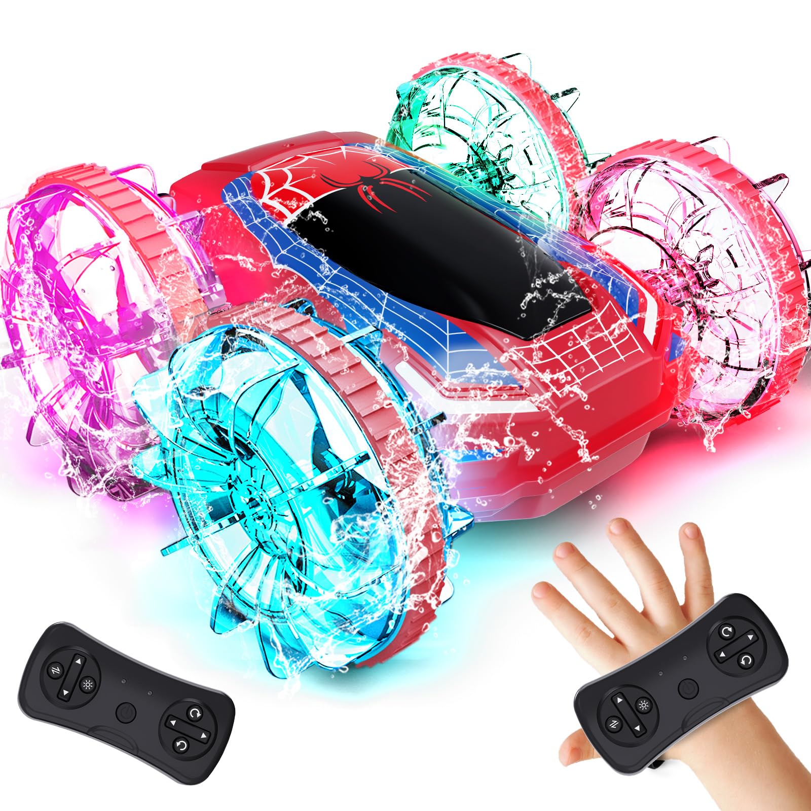 Tecnock 2025 Amphibious Remote Control Car Boat, 4WD Gesture RC Cars with Magnetic Charging, 60 Min Playtime, LED Lights