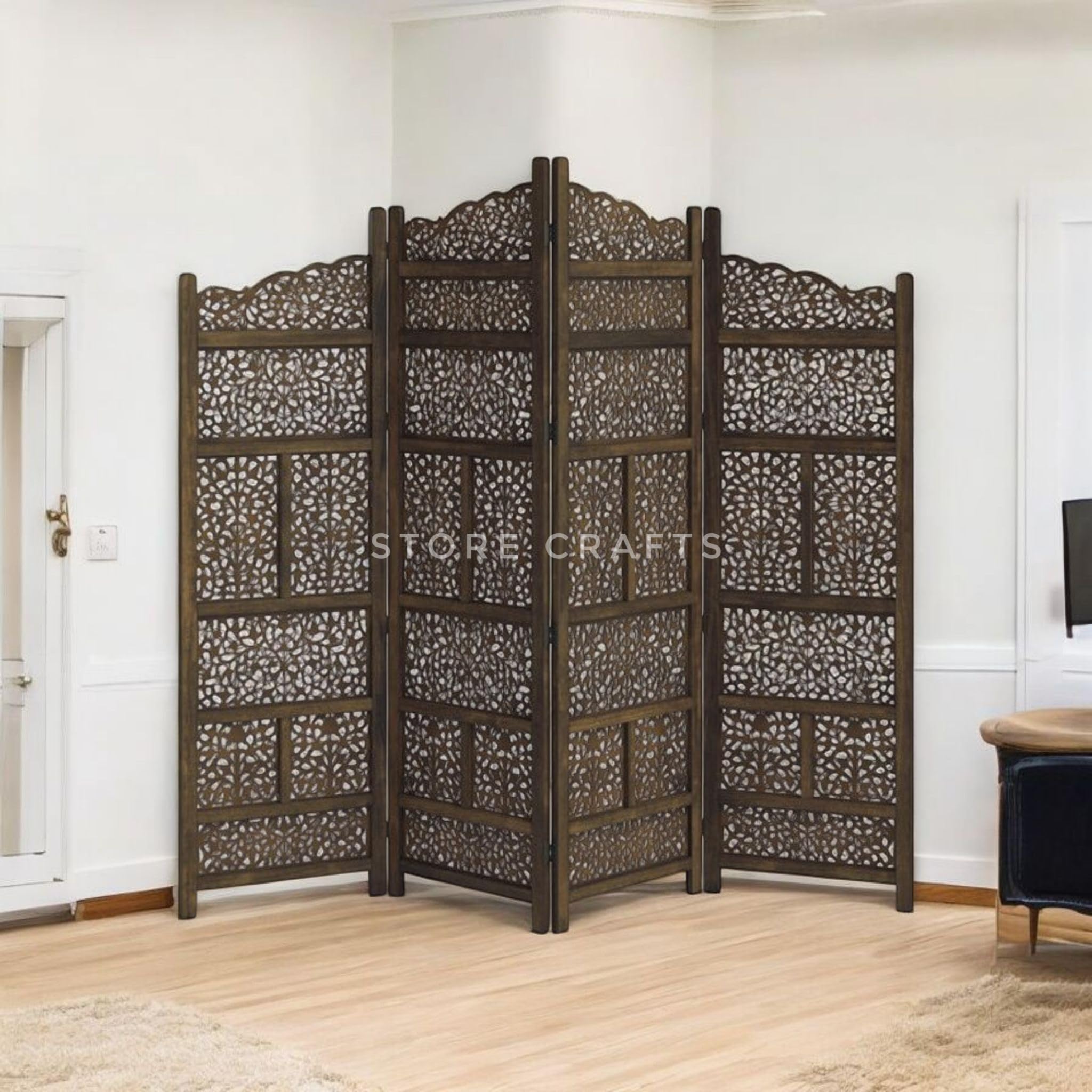 Store Crafts Wooden Room Divider for Living Rooms 6 Feet Wood Partition Wall Divider, Wooden Screen Separator 4 Wall Panel Wooden Room Partition Bedroom, Office, Restaurant, Kitchen Pooja Room-image-25