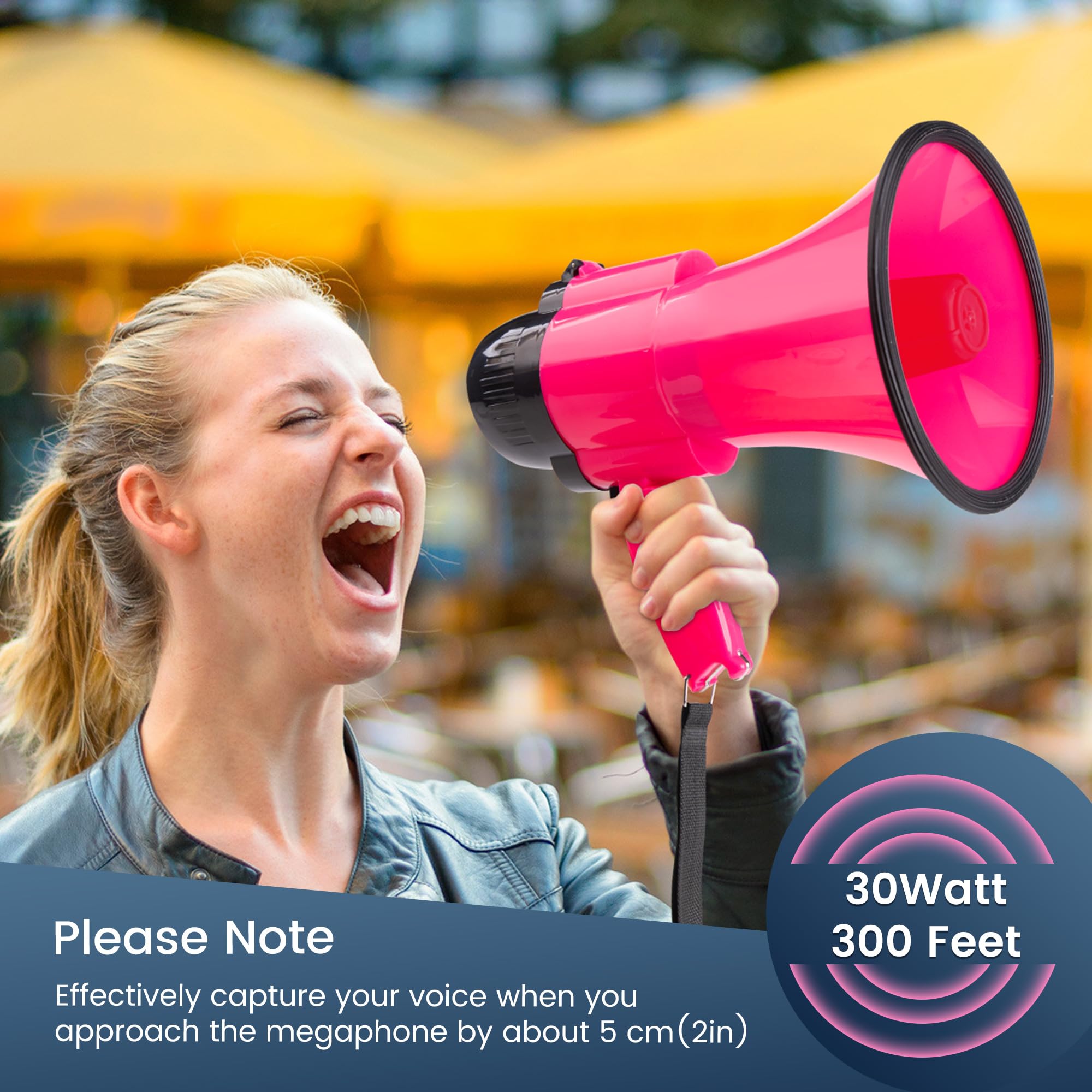 Mégaphone portable 30 W avec contrôle du volume et sangle (rose foncé)