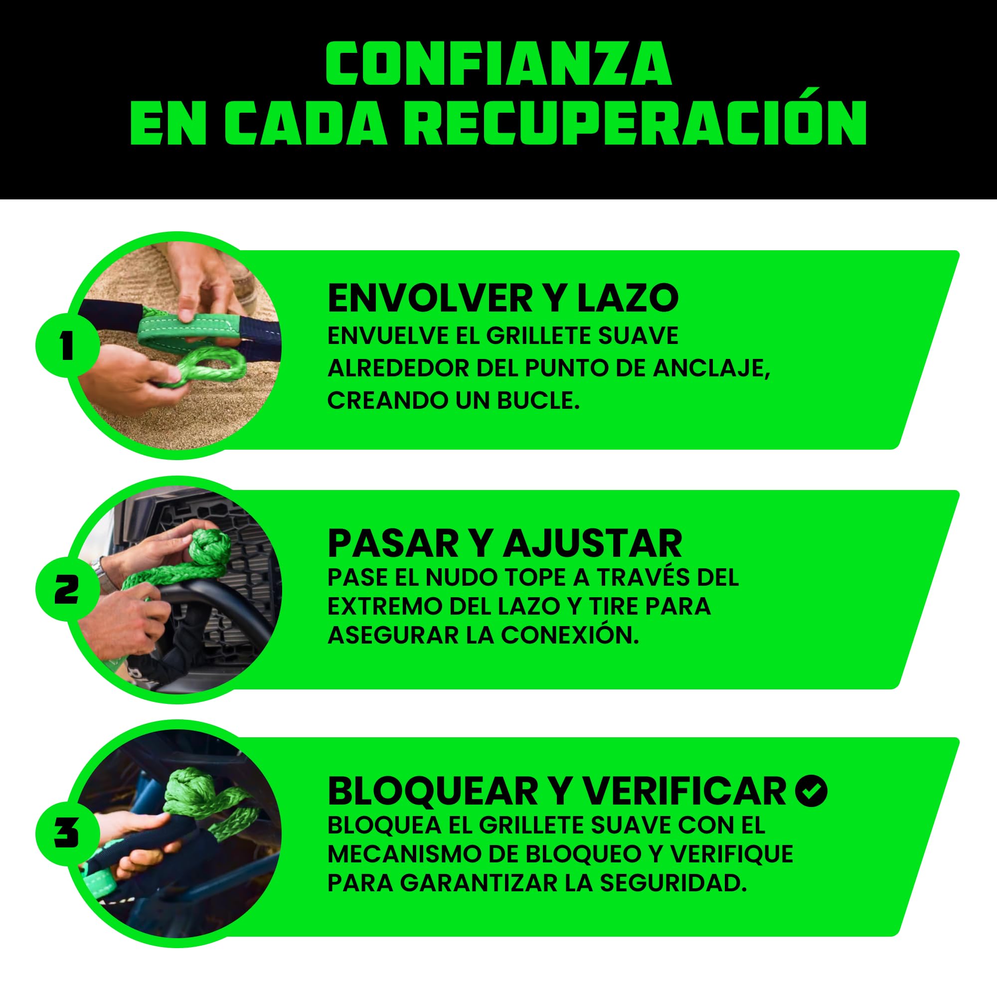 Rhino USA Grillete Sintetico - 2X Grilletes para Eslingas de Remolque 1 cm x 55 cm - 2X Grillete de Remolque Ultra Resistente a la Rotura 14,200 kg - Rescate de Todoterreno Quad Furgoneta 4x4 - Verde