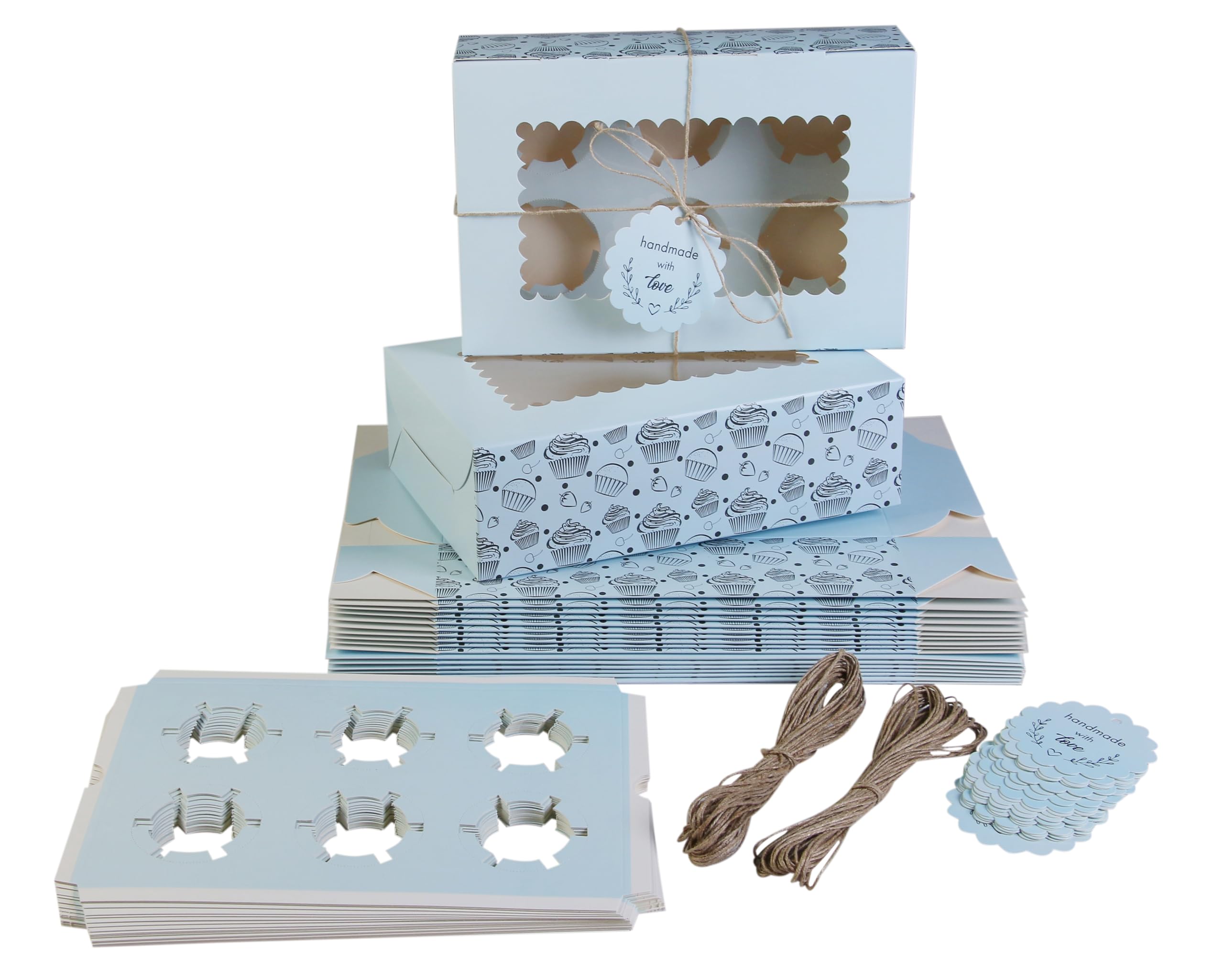 Cupcake Boxes with Insert Trays (Pack of 10), Cupcake Carrier, Food Grade Bakery Boxes with Windows to fit 6 Cupcakes, Muffins or Pastries (Blue)