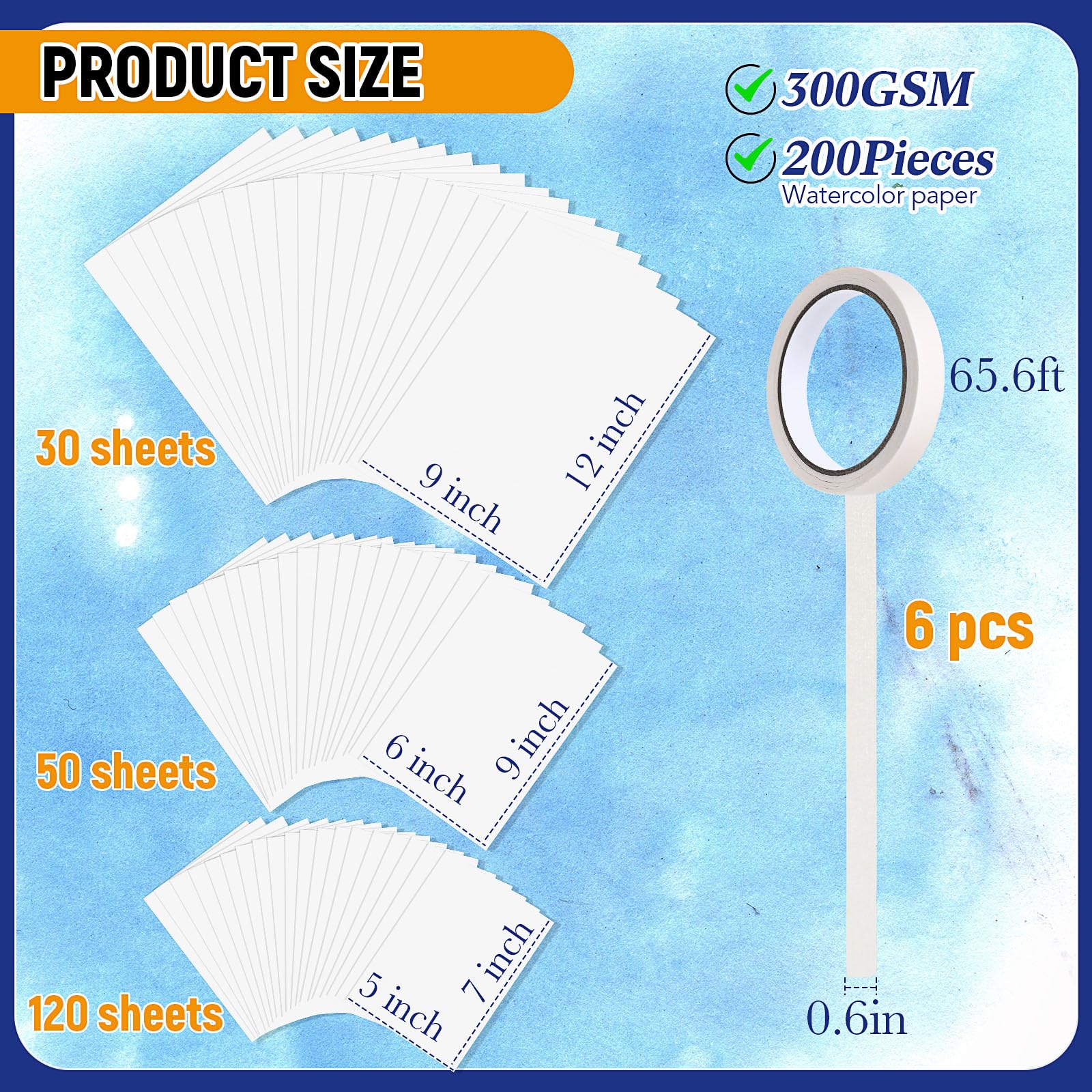 MotiMind Aquarellpapier, Baumwolle, 300 g, 12,7 x 17,8 cm, 15,2 x 22,9 cm, 22,9 x 30,5 cm, 6 Stück, Abdeckband für Papier, 1,5 cm breit, 120 m lang, insgesamt für Künstler, Malliebhaber, Kunstbedarf