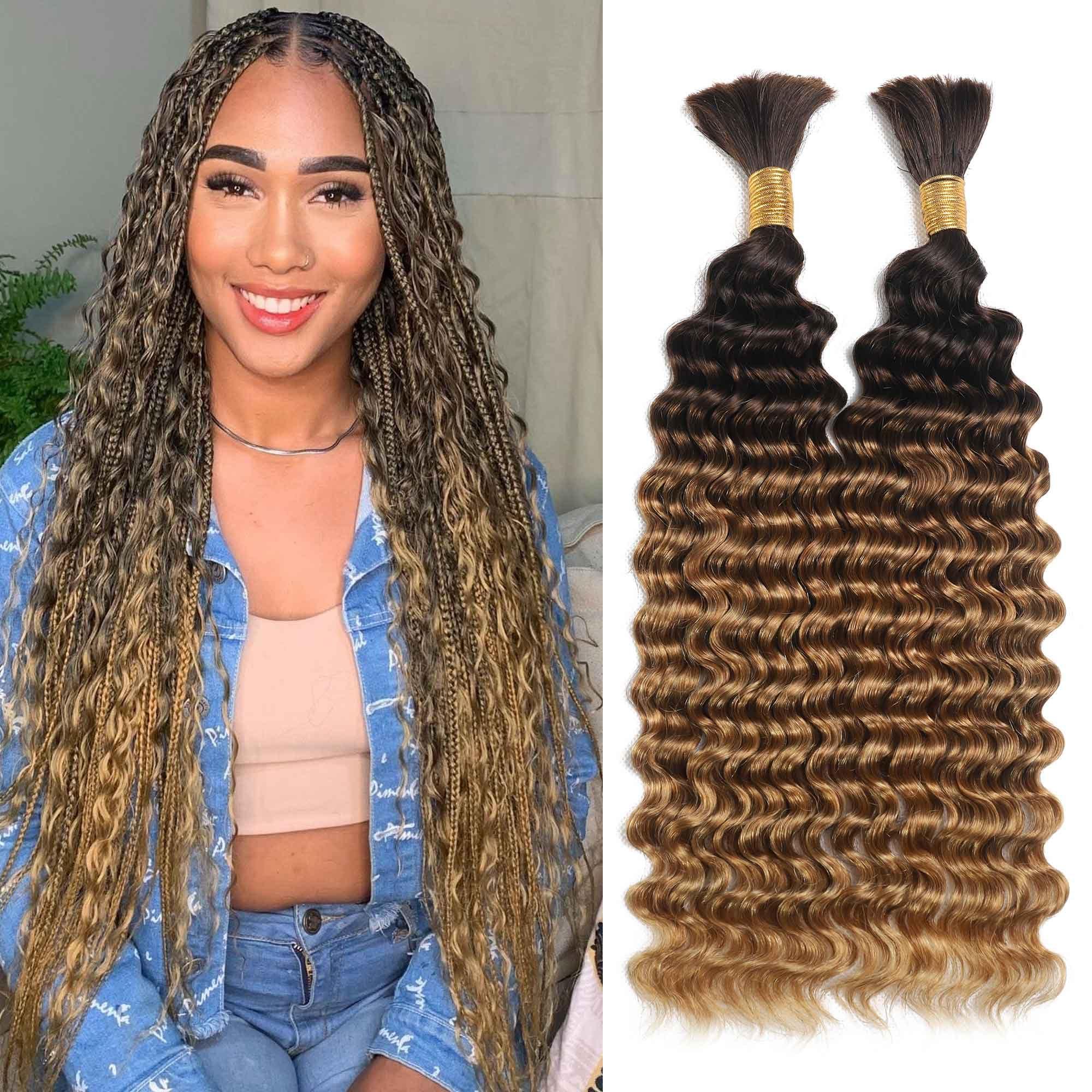 DMKEEP Ombre Top Grade Human Braiding Hair 2 Bundles 100g Human Hair Braiding Hair No Weft Deep Wave Bulk Human Hair for Braiding Hair Extensions T4/